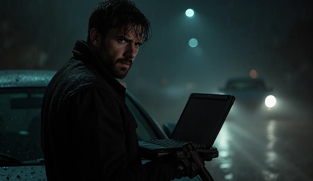 Crie uma foto de aiden pearce do jogo watch dogs, He's racking with his cell phone, Cinematographic photo, personagem do jogo, realista, 8k, detalhes realistas, rosto e roupas do aiden pearce, watch dogs ubisoft, racking, detalhado, rosto detalhado, roupa do aiden, sobretudo de detetive,