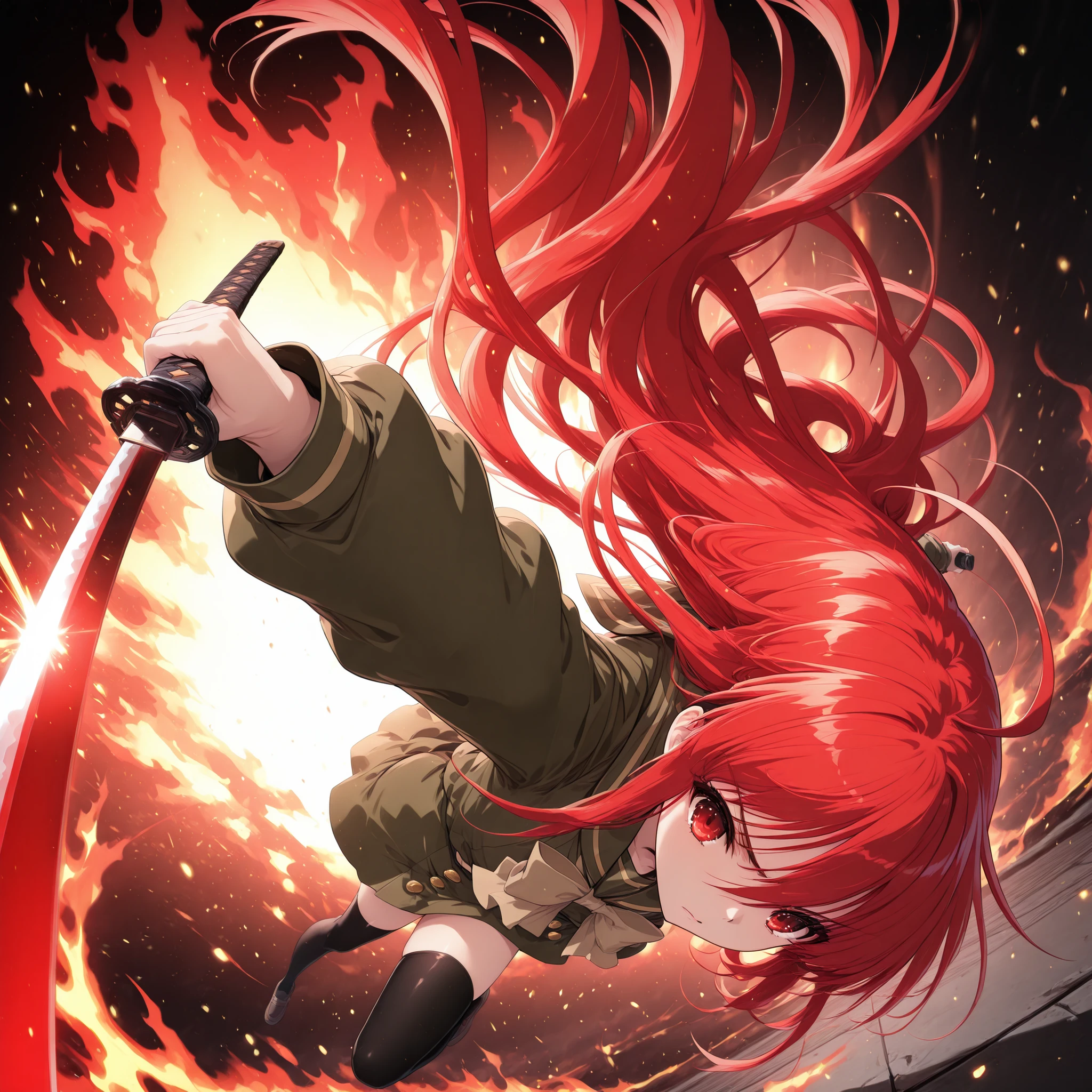 (masterpiece:1.3, best quality, ultra detailed, anime style, cinematic lighting,
dynamic composition, action scene, midair, (dutch angle:1.2), dramatic perspective,
flames and embers, fiery background, sparks flying, motion blur, 3/4 character, upside down,
1girl, shana, red eyes, red hair, very long hair, hair between eyes, (ahoge:1.1),
school uniform, serafuku, green shirt, long sleeves, green skirt, thighhighs,
serious expression, determined eyes, stern glare, resolute look, (holding one katana),
backflip pose, horizontal katana slash, anatomical perfect
katana with glowing red blade, blade emitting fiery light,
flowing hair and skirt in motion,
burning sky background filled with inferno flames,
light and shadow contrast, glowing embers surrounding her,
airborne posture, tension in motion,
anime action key visual, cinematic energy,
intense lighting and reflections,
expression of willpower and strength,
(flame particles:1.3), (motion energy:1.3), (red glow:1.2), (cinematic light:1.2))