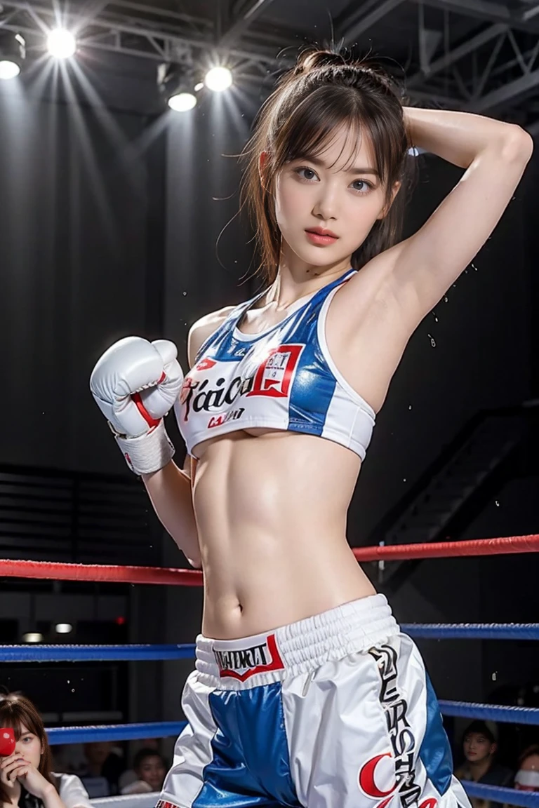 best quality best quality,High quality,masutepiece,Detailed details,hight resolution、Haute,Realistic, resolution,1girl in,Beautiful,beautiful face beautiful face,Beauty of beauty,(shinny skin,bob cut with movement),Looking at Viewer,red blush｜blush and dye,, Open mouth and smile expression,,Black hair,(、A slender,),Studio Lighting、(((Model stands and looks back、boxing、、standing with boxing gloves on、toppless、)))、Sweating、boxing room、Boxing gym、