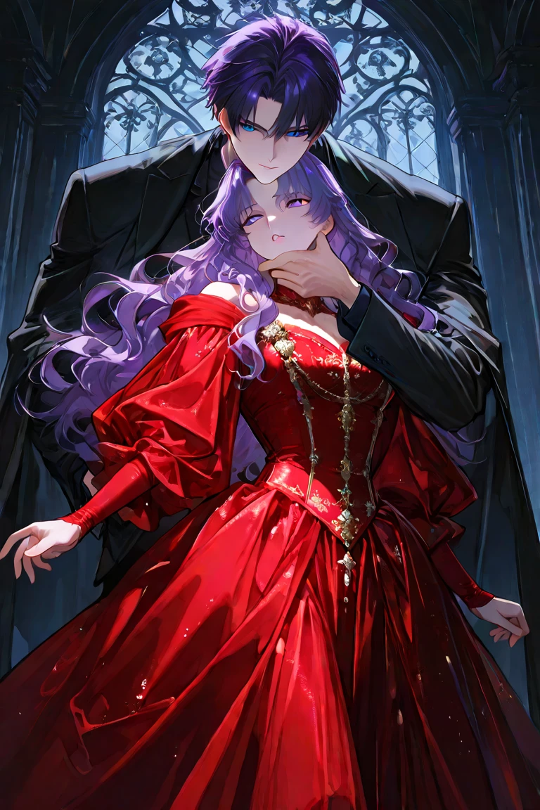 ((Highest quality)), ((masterpiece)), (detailed), （Perfect Face）、The woman is Lacus Clyne, with medium-long pink hair, and is wearing a gorgeous, jeweled, sexy, and  black wedding dress, a gorgeous black wedding veil, and gorgeous jeweled accessories in a gorgeous evil bridal outfit.、In a luxurious church wedding hall, a woman is holding onto the arm of a dignified and sturdy middle-aged man dressed in a luxurious black outfit, the evil emperor, at his wedding.、The woman has long hair