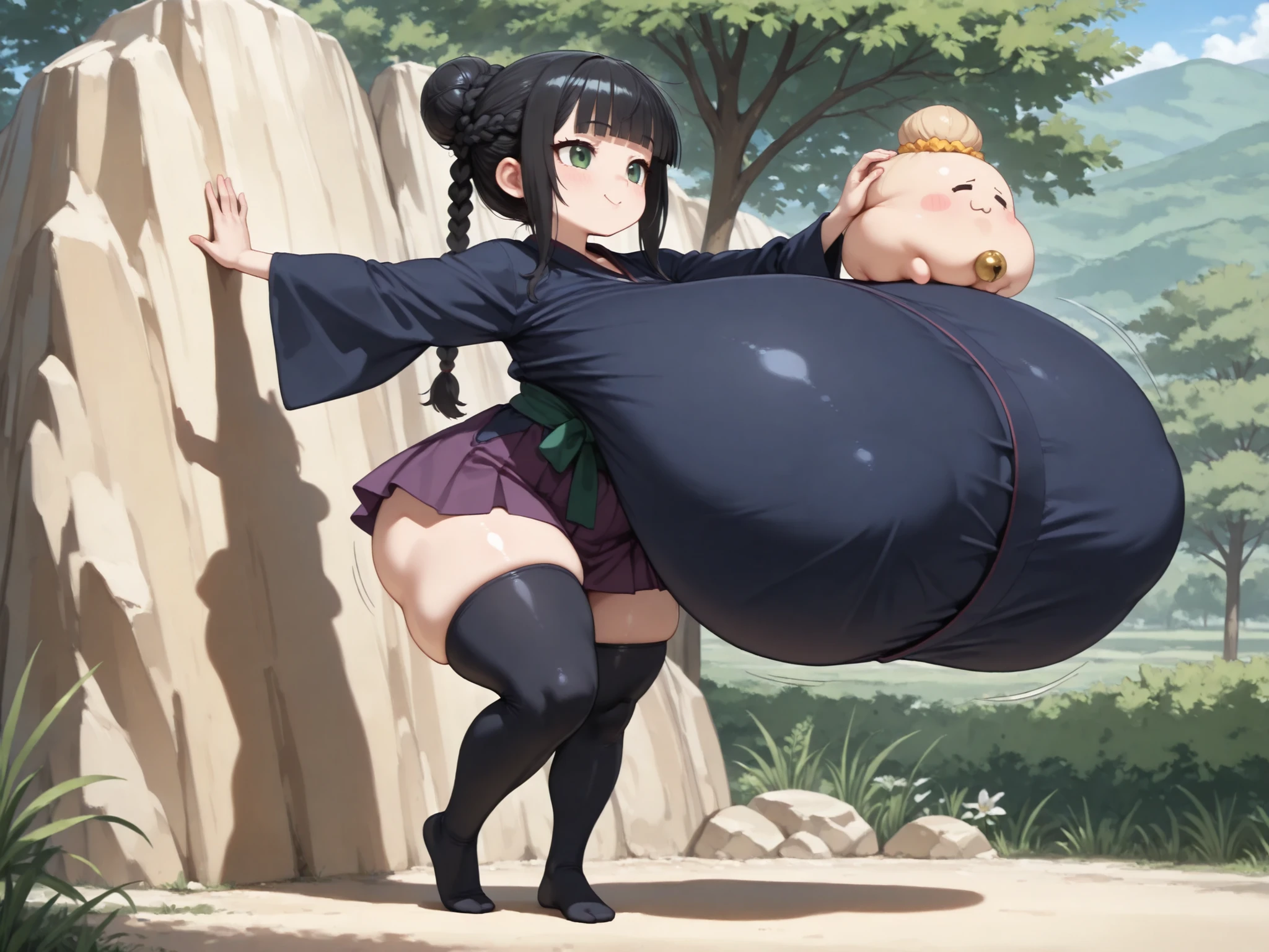 BREAK girl climbing mountain, climbing outfit, girl holding onto the wall to climb, view of her climbing, huge curves, curves, big curves, massive,
(cute art:1.3, simple coloring), ((massive breasts)), ((gigantic breasts)), ((breasts bigger than head)), anime girl, ((slender body)), posing, 140 cm tall, ((short girl)), green eyes, black hair, ((single hair bun)), ((1 bun)), ((1 hair bun)), ((high bun)), ((blunt bangs)), ((braid hangs from the bun then loops back into it)), asian, dark blue kimono, short purple skirt, dark blue thigh highs, ((clothed breasts)), ((breasts covered)), ((loop braid)), dark green obi, ((shortstack)), ((petite girl)), ((braid in a loop)), side bangs, ((looping braid)), hanging braid,