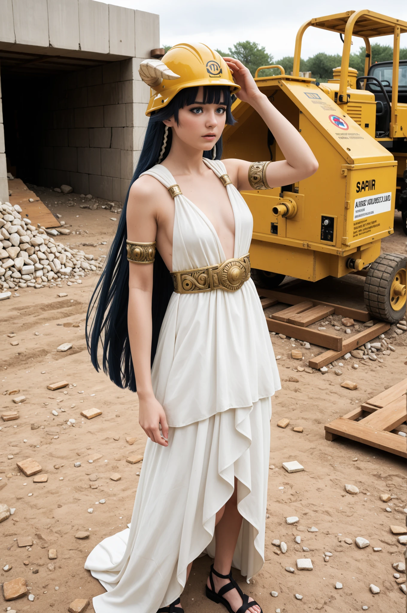 1girl, Saphir Maasa, 150cm, blunt bangs, very long hair, dark blue hair, blue eyes, hair tubes, horns,ancient Greek clothes, small breasts, sleeveless dress, white dress, armlet, belt, sandals, yellow construction helmet on head, firm expression, standing inside a construction site, outdoors, in fully view in a highly detailed photorealistic style