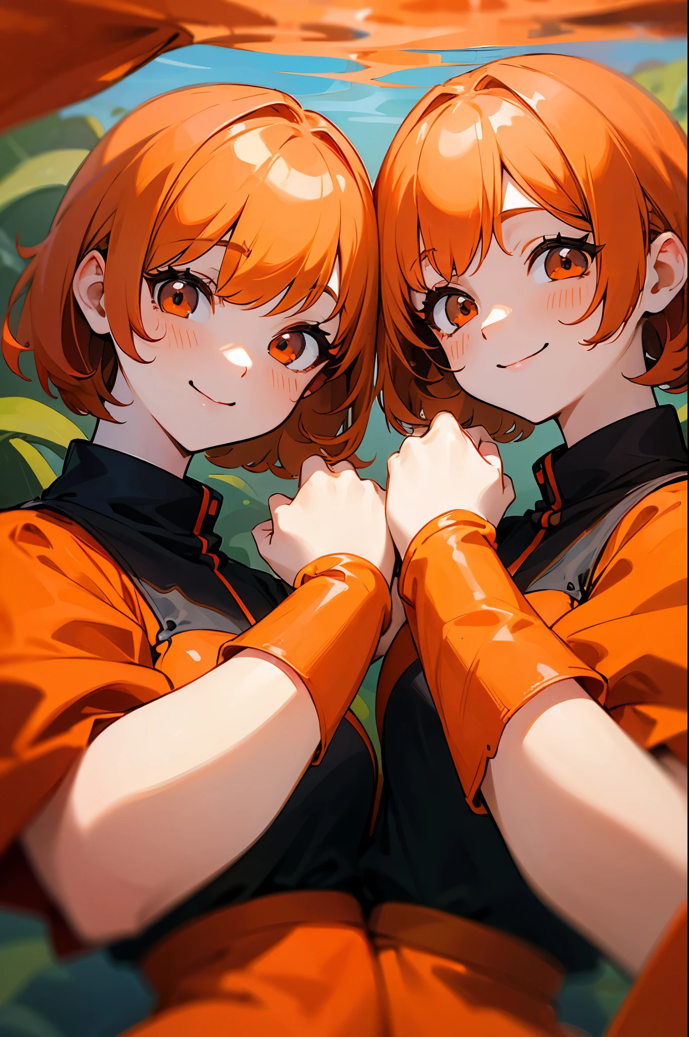 twin sisters、indistinguishable twins、orange hair、bob hair、red round eyes、Big Smiles、Orange Clothes、 black inner shirt 、upper body close-up、In the water、There is a family of shrimp all around her