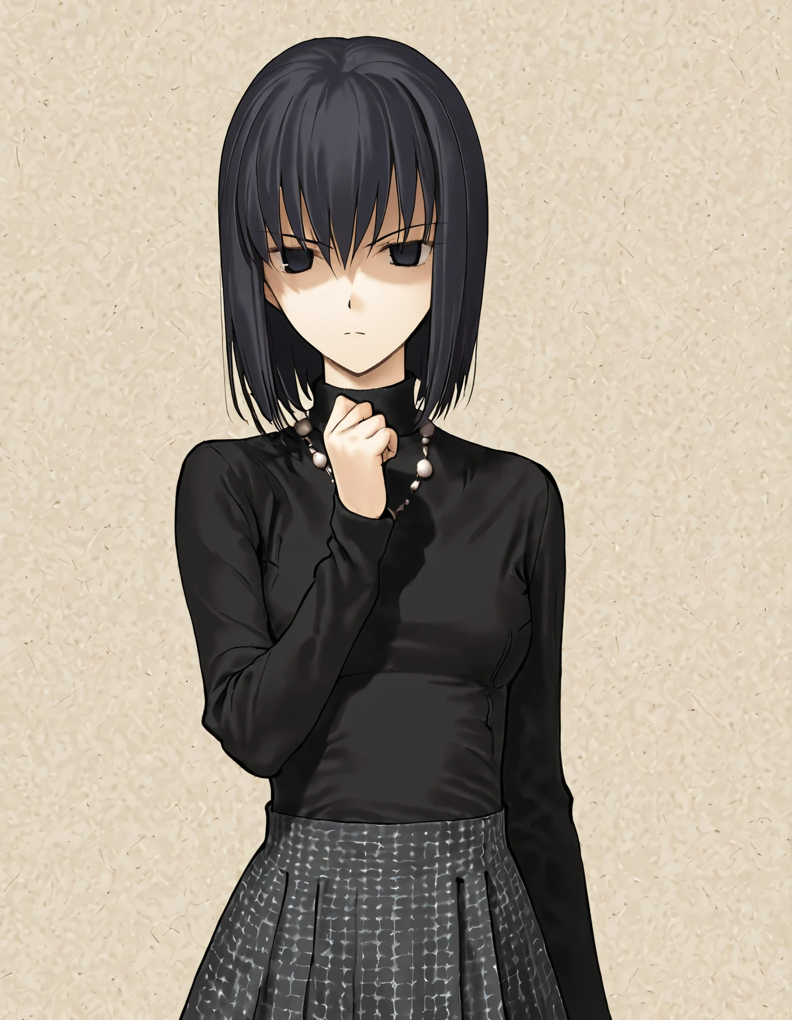 Witch on the Holy Night Style,Kuonji Alice,1girl,solo,skirt,black hair,black eyes,simple background,short hair,looking at viewer,necklace,standing,jewelry,sweater,grey skirt,long sleeves,shaded face,pleated skirt,upper body,hand up,
<lora:Witch on the Holy Night_illustriousXL:1>,