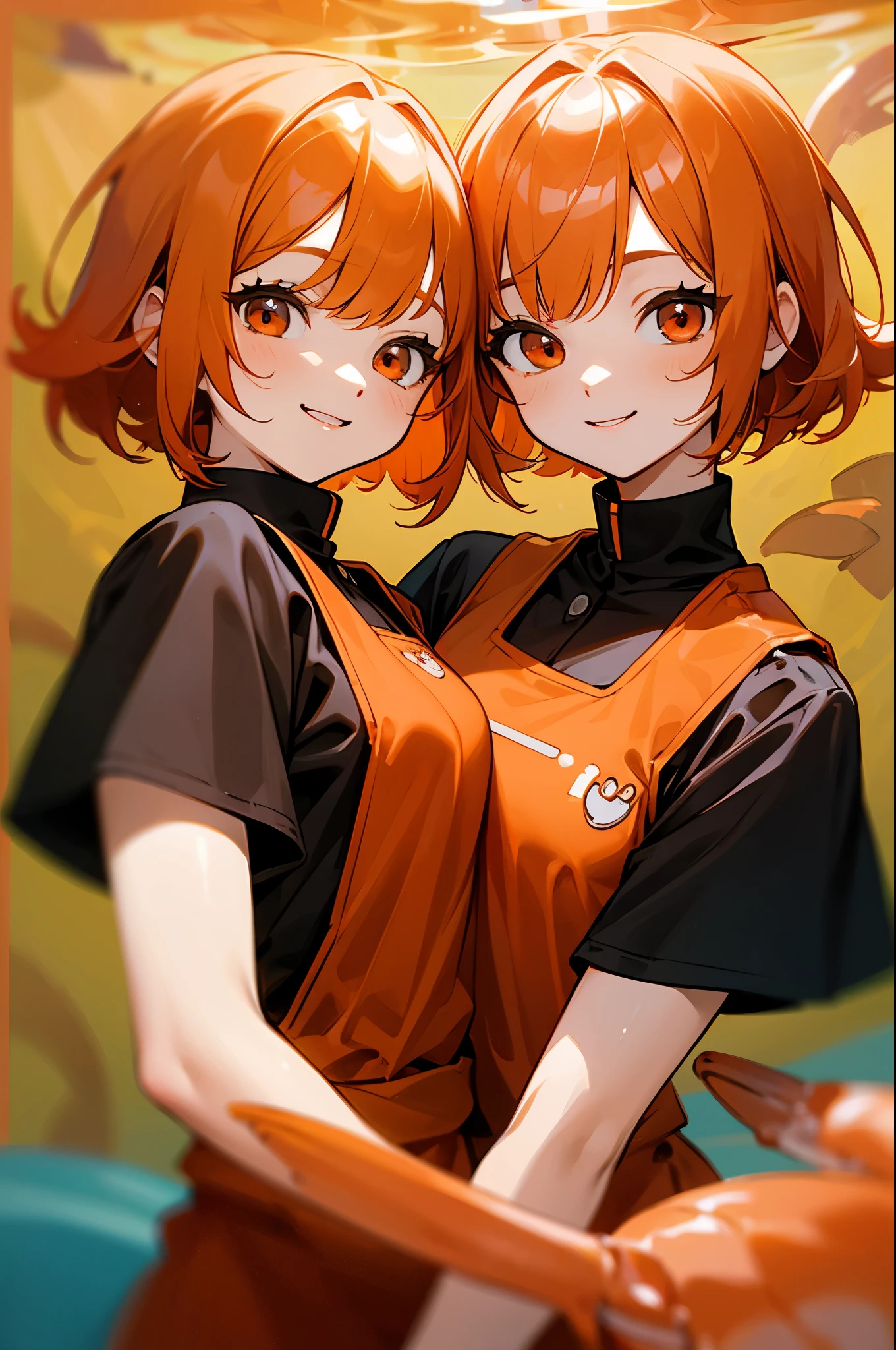 twin sisters、indistinguishable twins、orange hair、bob hair、red round eyes、Big Smiles、Orange Clothes、 black inner shirt 、upper body close-up、In the water、There is a family of shrimp all around her