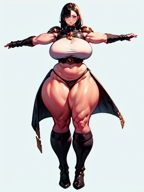 (masterpiece), best quality, female warrior, dark fantasy, huge girl, female muscular:1.2, black hair, (curvy:1.7), ((thick thighs:1.4)), (((blank background))), ((full body)), fingerless gloves, sandals, sleeveless, (straight  hair), (loincloth), (fur top) , strapless top, (???????????), standing