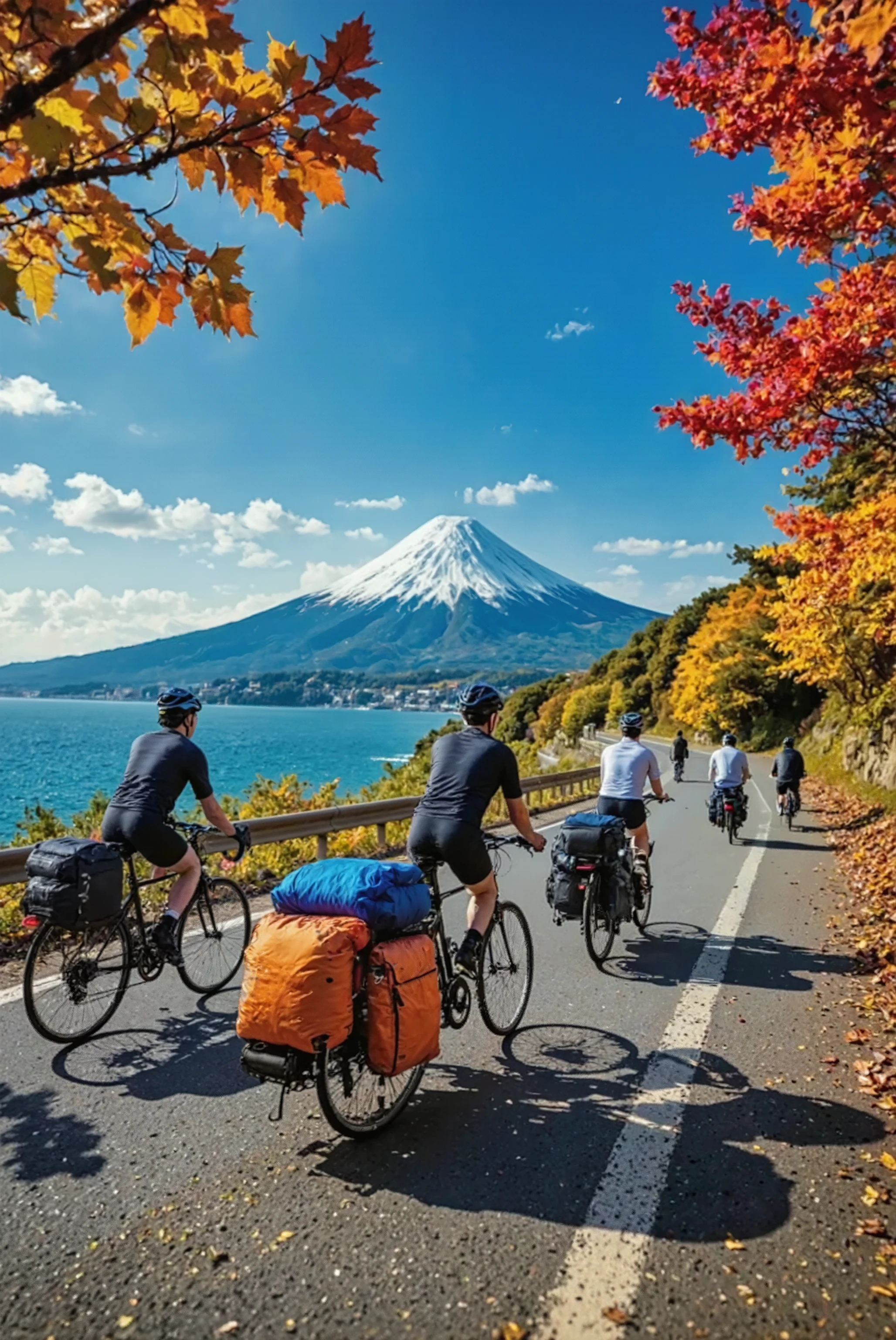 Realistic photo 、several 20-year-old Japanese men and women、touring through spectacular scenery on a cycling bicycle、Each bicycle is equipped with a rolled up sleeping bag and lots of luggage、Coastal road with a view of the ocean、road with many slopes and curves、Mt. Fuji towering at the innermost、A photo by a professional photographer capturing a spectacular cycling scene with vivid autumn leaves、Highly Saturated Vivid Colors、deep depth of field、Somber contrast、Greatest Masterpiece、Highest Quality、4K、8K