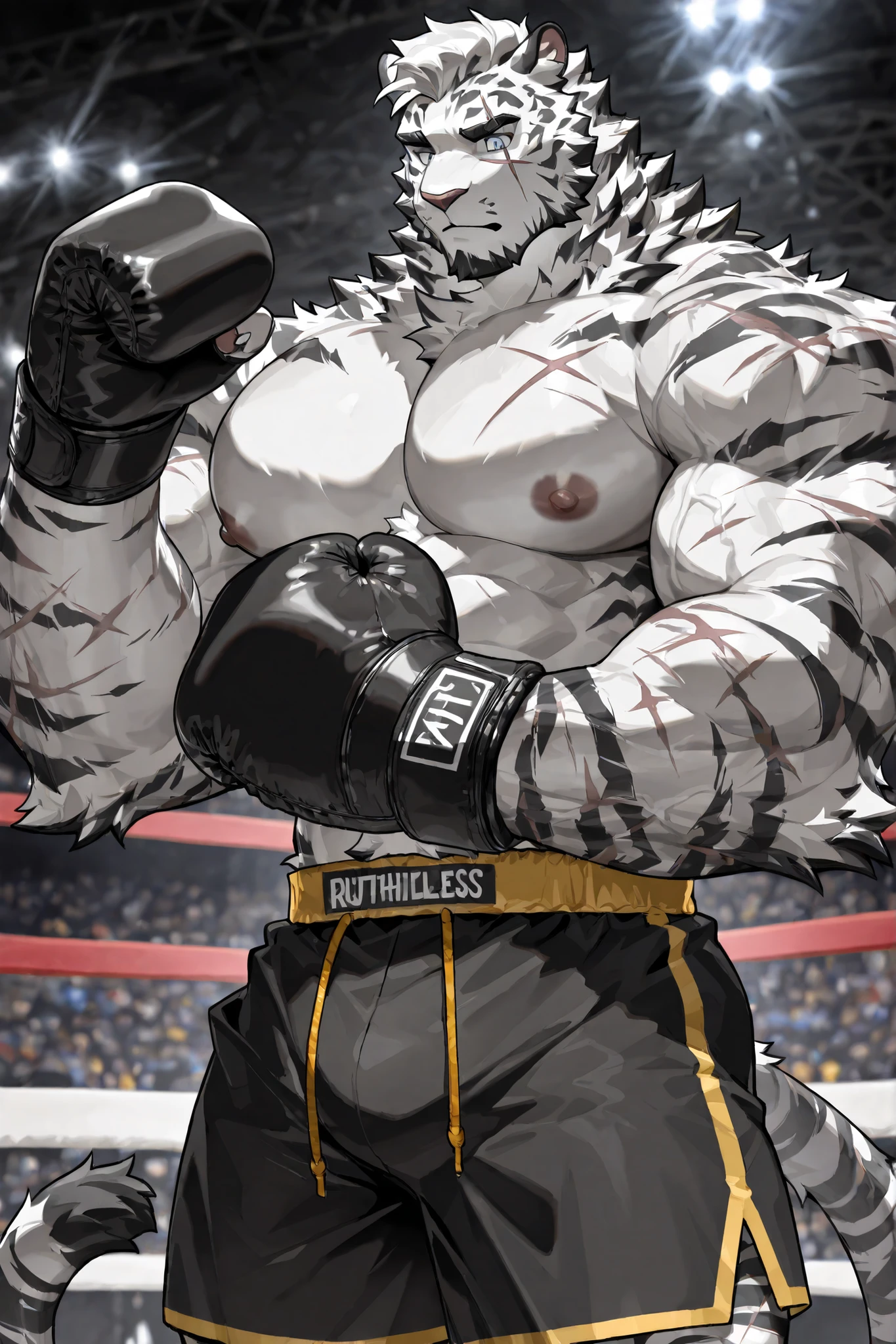 mountain(arknights),anthro white tiger,detailed blue eyes, scar across eye,strict expression,dandy beard,male,solo,furry,veiny heavy muscular,heavy wait boxing champion,wearing black boxing groves, wearing black boxing shorts with gold side lines,shirtless,Frontal image,ruthlessly looking down on the viewers,Masterpiece,highest quality,8k