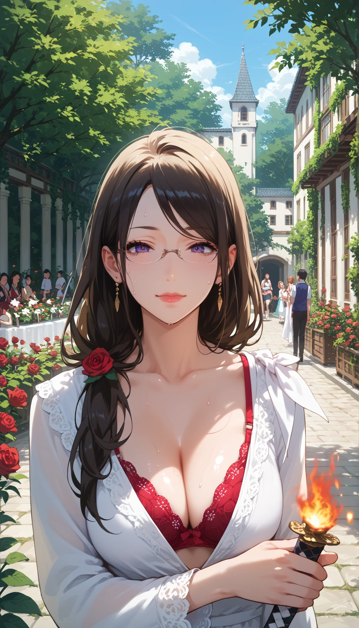 Score_9, Score_8_up, Score_7_up, Score_6_up, Score_5_up, Score_4_up, Source_anime, anime art, anime style, masterpiece, best quality,rl, mature woman, , , Rize Kamishiro,,sweating, looking at  you,   lips, , in pain face, long hair ,glasses on, casual clothes, in garden  , saggy breasts , duel , sword , two women , battle , surrounded fire , rose bra