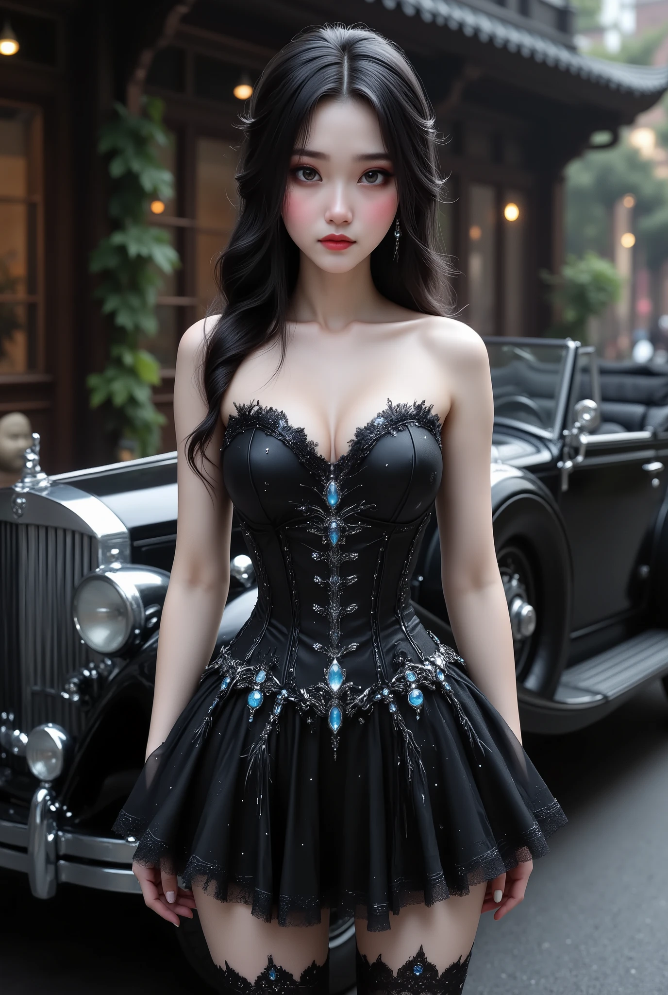 A young, petite, and busty Asian woman stands in a striking and avant-garde, strapless corset black with scale-like details, a micro ruffle A-Line miniskirt, and sexy, tight lace stockings reminiscent of Gothic or fantasy styles. The work features intricate details, including sparkling blue gemstones and feather-like textures adorning the bodice, the tight bodice giving it a sense of grace and elegance. Her long, dark hair cascades down her shoulders in waves, completing the dramatic effect. In the background, an elegant antique car painted in glossy black adds a touch of classic sophistication. The architectural backdrop, likely a historic or Asian-style building with large windows and ornate details, conveys a sense of grandeur and old-world charm. The overall atmosphere is luxurious and mysterious, enhanced by the interplay of textures and the timeless qualities of the environment.