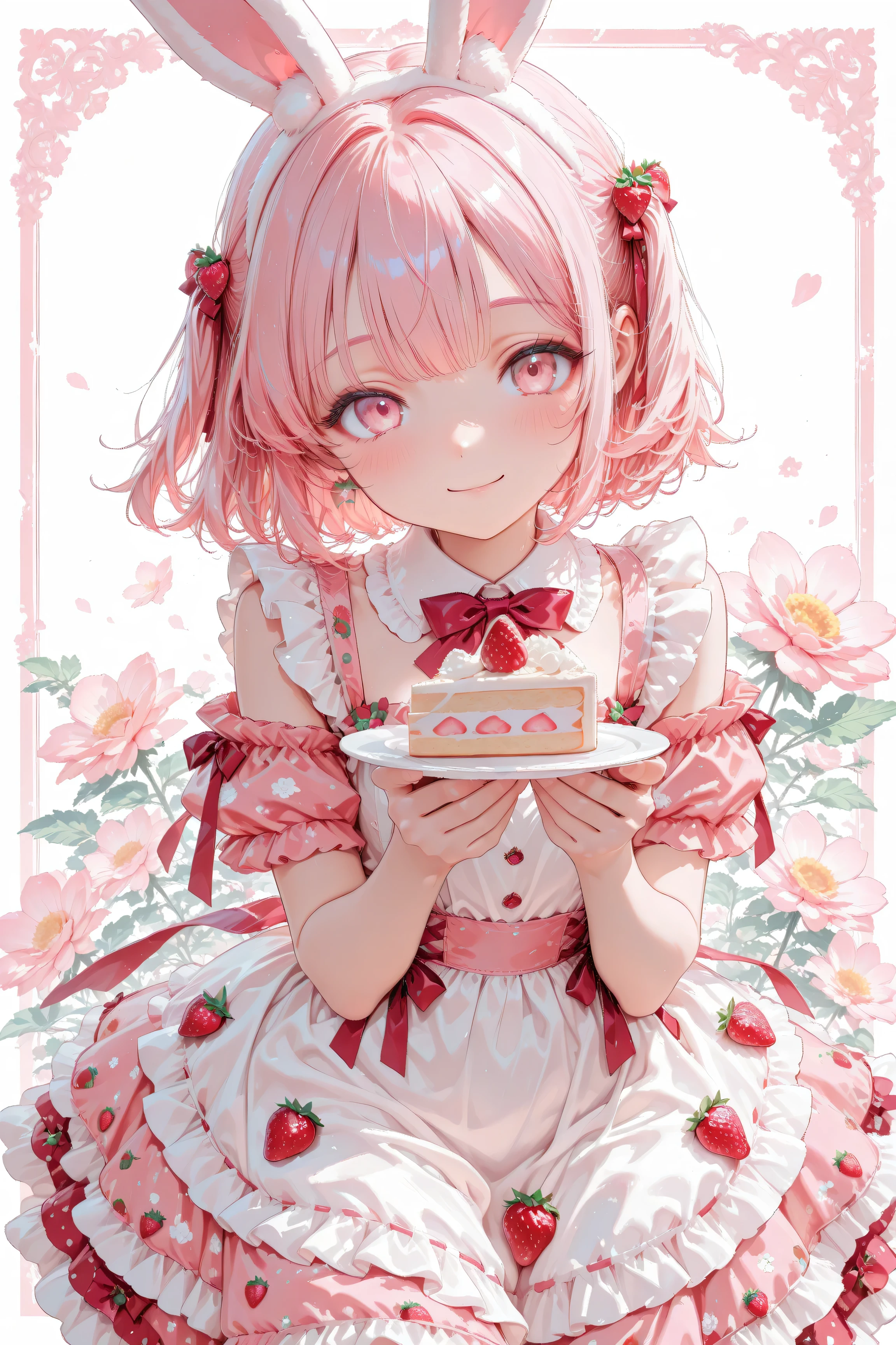 fluffy pink-haired little girl with white bunny ears, strawberry-themed frilly dress, small strawberry cake in hand, soft blush, pastel pink and white color palette, gentle smile, cute anime style