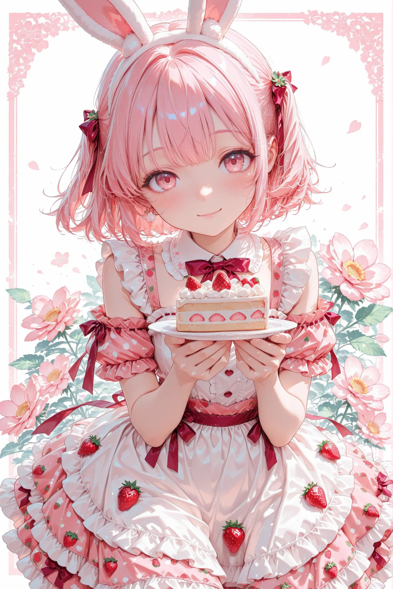 fluffy pink-haired little girl with white bunny ears, strawberry-themed frilly dress, small strawberry cake in hand, soft blush, pastel pink and white color palette, gentle smile, cute anime style