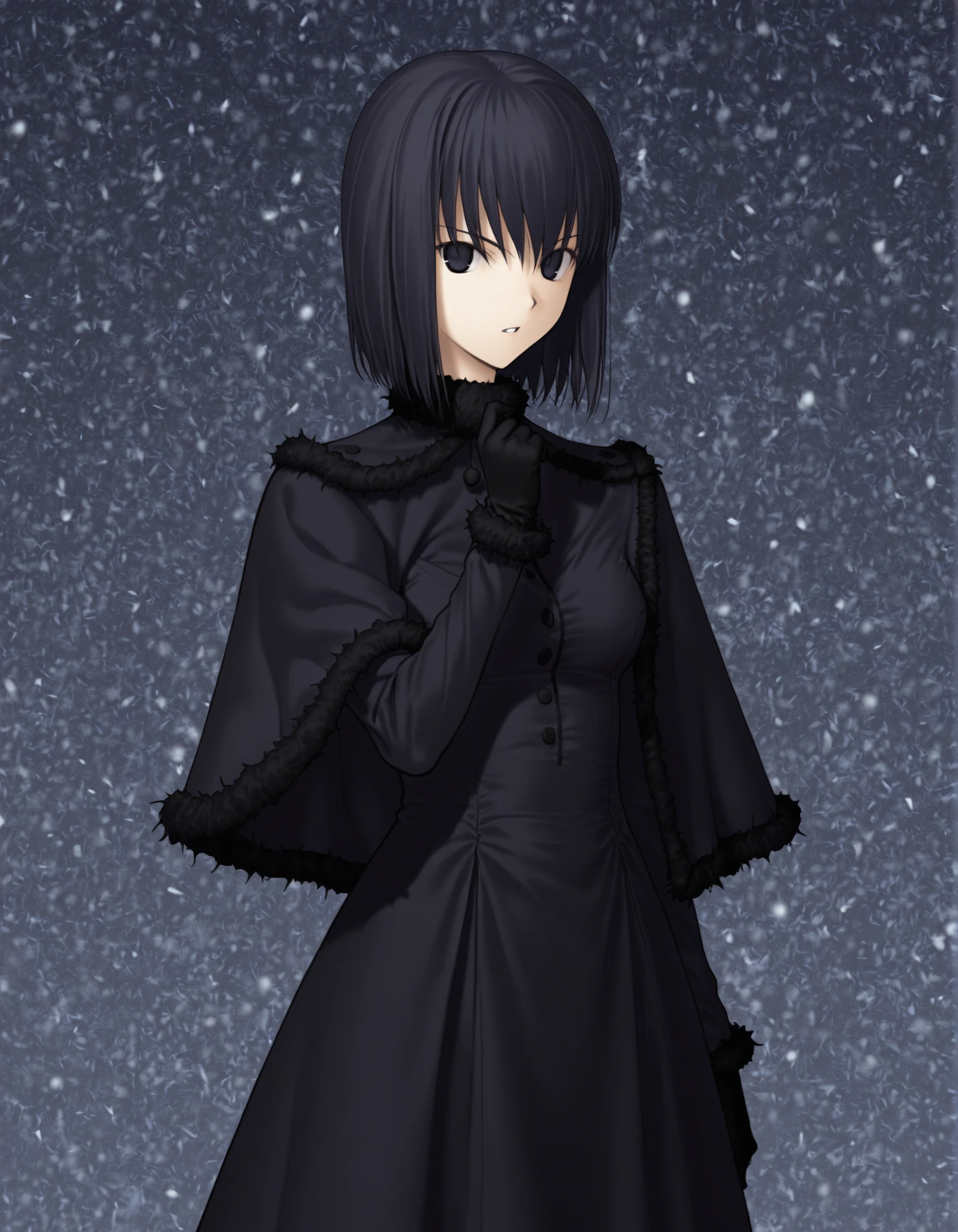 Witch on the Holy Night Style,Kuonji Alice,1girl, solo, gloves, black hair, dress, black eyes, black gloves,c apelet, short hair, black dress, standing, fur trim, looking at viewer, black capelet, hand up, parted lips, snowing, (gray background),
<lora:Witch on the Holy Night_illustriousXL:1>,