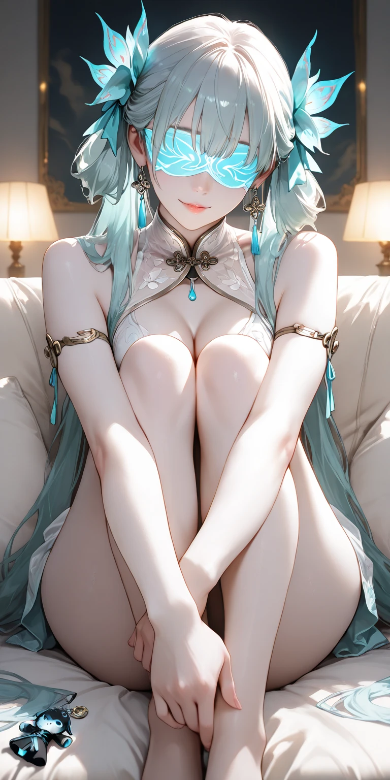 （Full body photo），Fluorescent background，（1 Witch，Flash fluorescence，beret， tulle kimono，Delicate headgear，ssmile），（paper art，Quilted paper art，geometry），（Lots of colors，Best quality，high detal，tmasterpiece，movie light effect，4K，lightand shade contrast），Blue  tulle cheongsam，pigtails，Red knee-length socks，luminous totem，eBlue eyes，blue hair and big breasts，long braid，