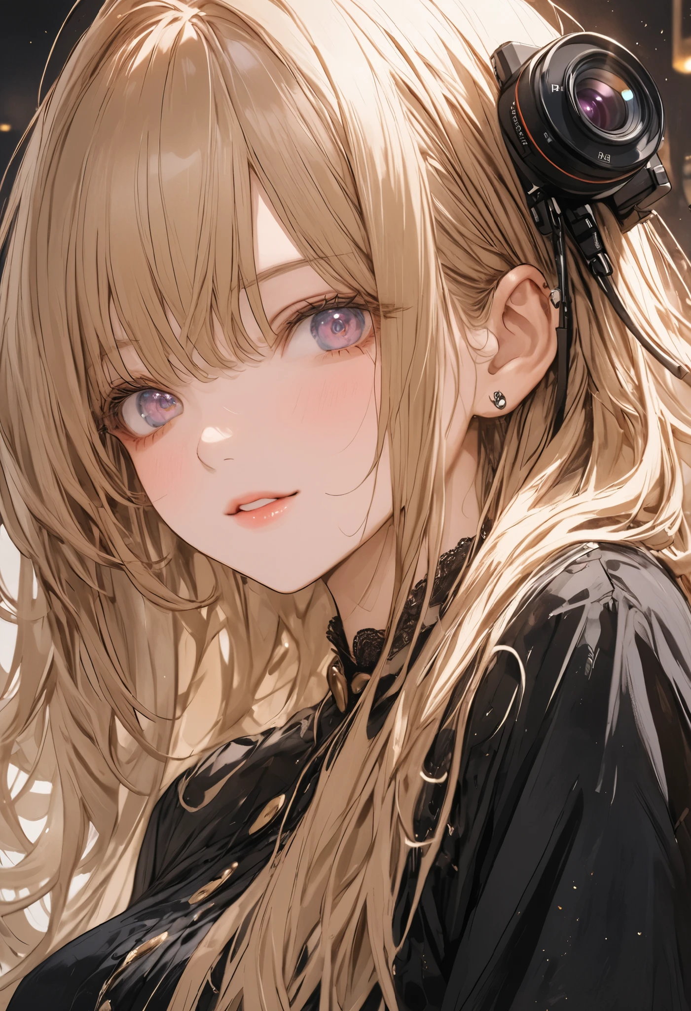 masterpiece, Highest Quality, 1girl, solo, ((mature woman)), round pupils, long My hair, My hair, princess, black dress, fantasy shot with Nikon Z7 II mirrorless camera, happy, viewers preying on their heads, comics, anime, (oil)