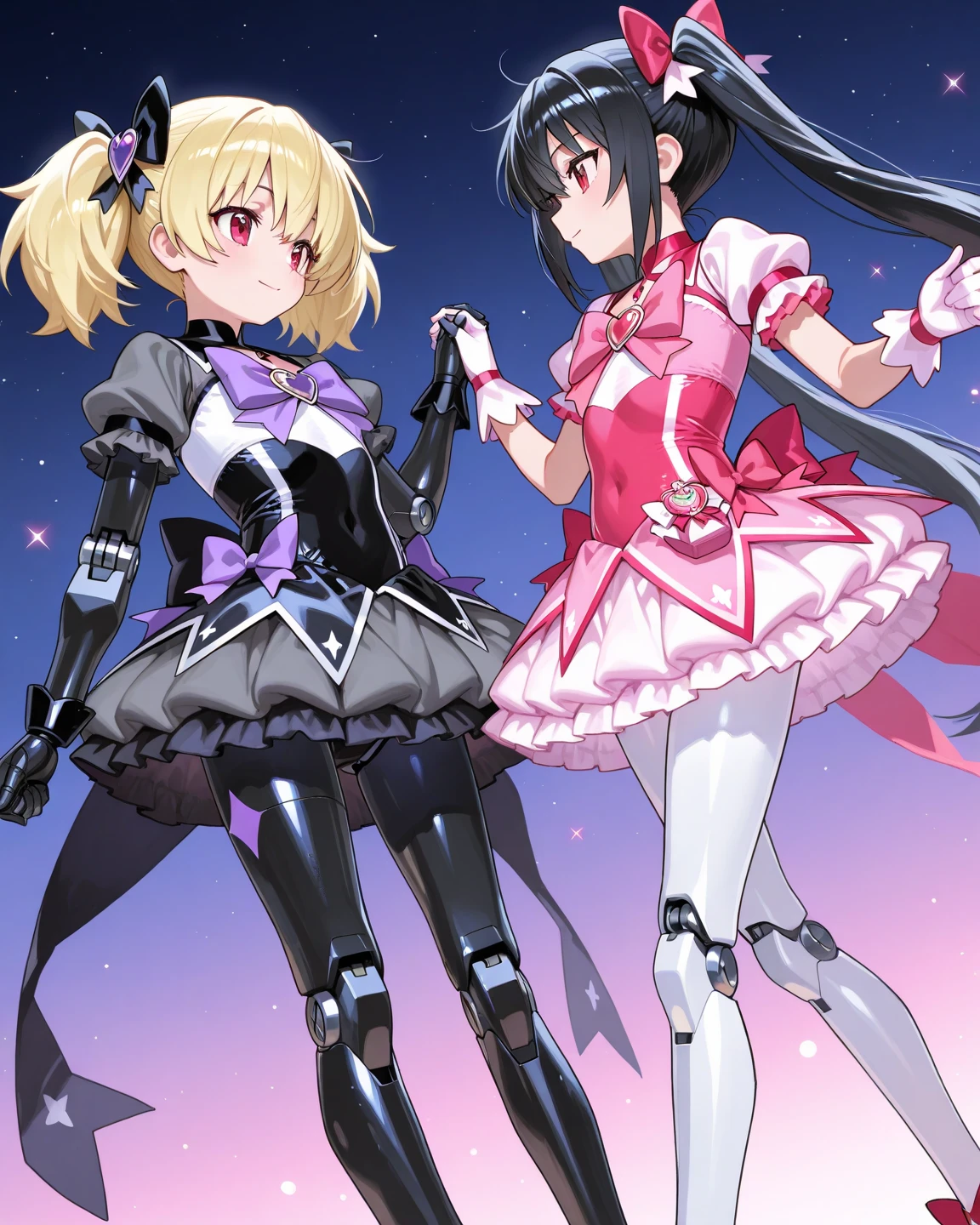 1girl, there is a woman in a costume, wearing cybernetic bunny ears, spellcasting pose,black hair, short hair, purple eyes, dark skin, lunar themed attire, black and white maid outfit, doing a sassy pose, bunny suit, rabbt_character, bunny girl, maid! dress,  fishnet stockings, perfect dynamic pose, bunny leg