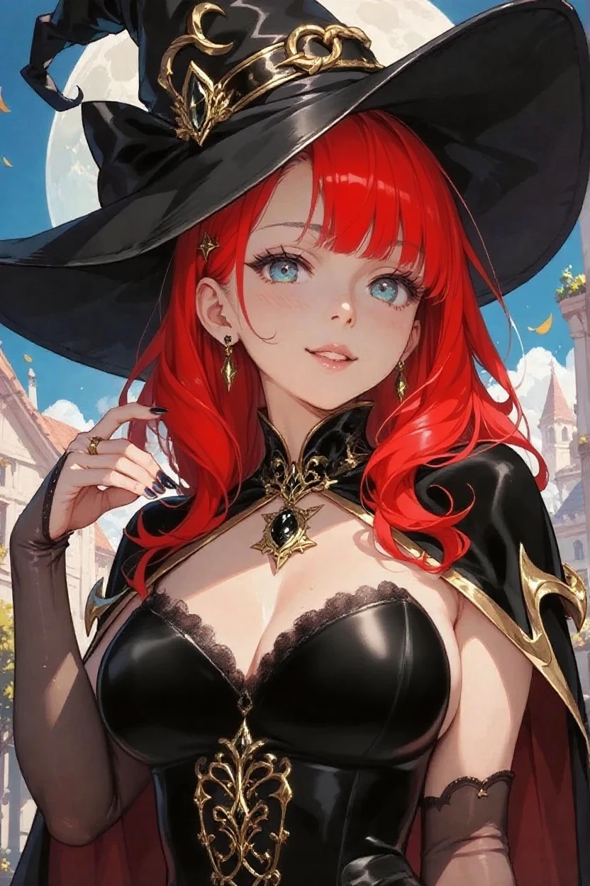 <lora:wrenchwitchiness:0.8>, wrenchwitchiness, blue eyes, red hair, braided ponytail, braided bangs, long hair, red dress, frills, frilled dress, bare shoulders, large breasts, necklace, earrings, (closed mouth:1.6),
