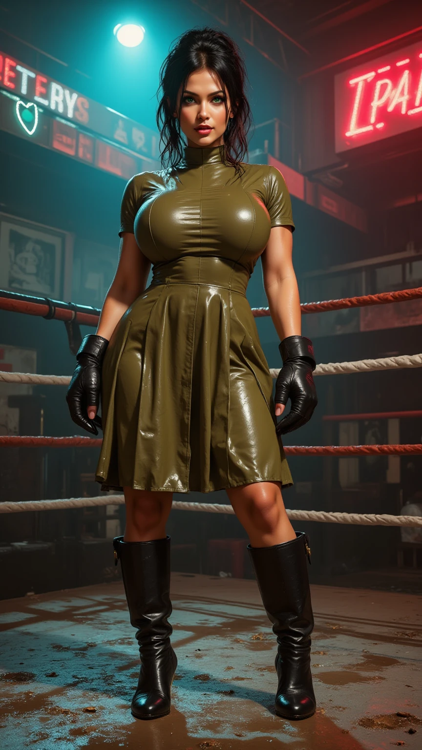 (best quality,highres:1.2), (ultra-detailed), (realistic:1.37), (HDR,UHD), (physically-based rendering), (curvy voluptuous Denise Milani), beautiful supermodel face, ((olive green leather and lace :1.3)), ((leather and lace boxing shorts:1.3)), ((sexy nylon stockings:1.3)), ((short stiletto-heeled leather combat boots:1.3)), ((boxing gloves:1.4)), ((short, straight jet-black hair:1.4)), (beautiful large green eyes):1.3), ((thick legs:1.4)), ( pose in an abandoned factory), (full body portrait:1.3), ((nylon stockings:1.3)), sexy fighter, (glossy red lips, makeup:1.2), big_boltedontits, boltedontits, sakimichan,