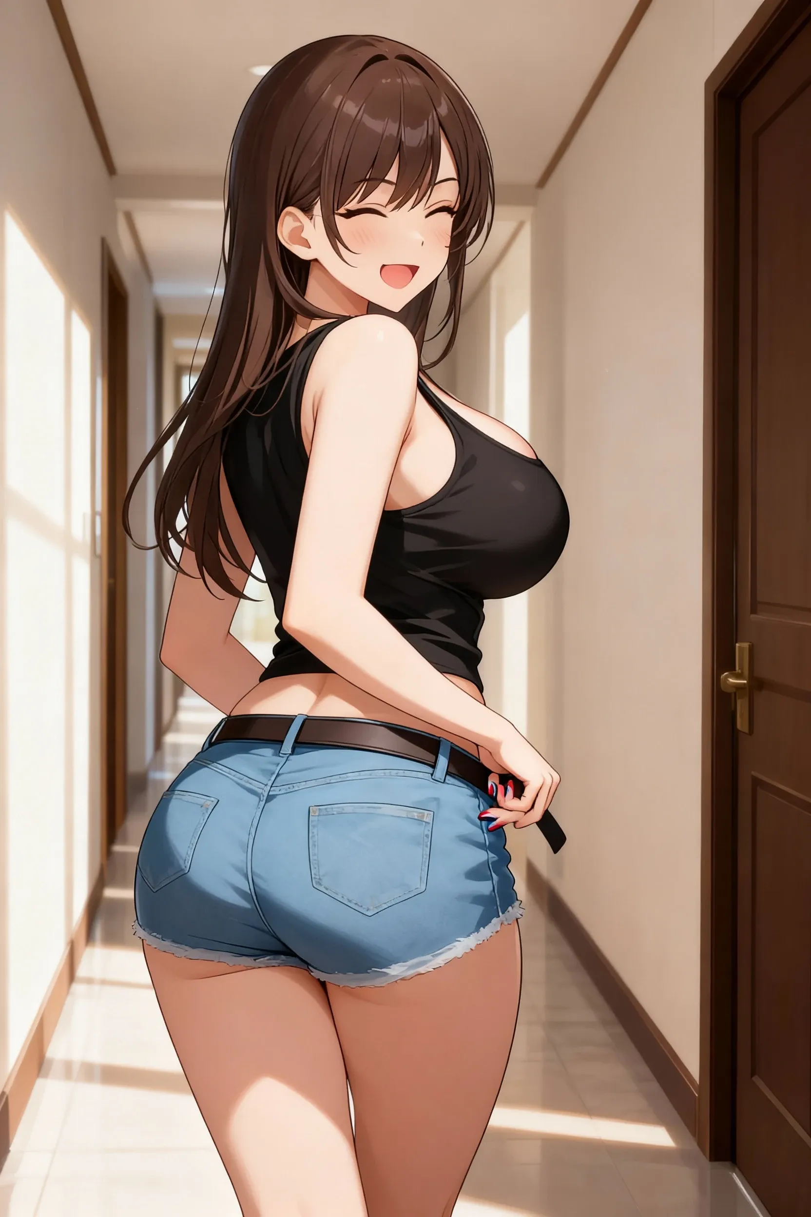 ((Tabletop, Highest quality, High resolution, , Pixel Perfect, 4K,))), 1 female, 、The whole body is visible、 ((Long Wavy Hair, bangs, Brown Hair)), ((Brown eyes, Beautiful eyelashes, Realistic eyes)), ((Detailed face, Blushing:1.2)), ((Smooth texture:0.75, Realistic texture:0.65, Realistic:1.1, Anime CG Style)), Medium sized ???????, Dynamic Angle, Perfect body, (( , , White sleeveless top、??????、、 Tight denim skirt、、)), Gold Hair Ornament、Cross Necklace、、Very embarrassing panic smile, 、、、、、、??????? are slightly visible、Cover your ????? with your arms、Emphasize cleavage、Leaning forward、Stick your ???? out、Hotel Bedroom、Angle from below、、、、 、)、