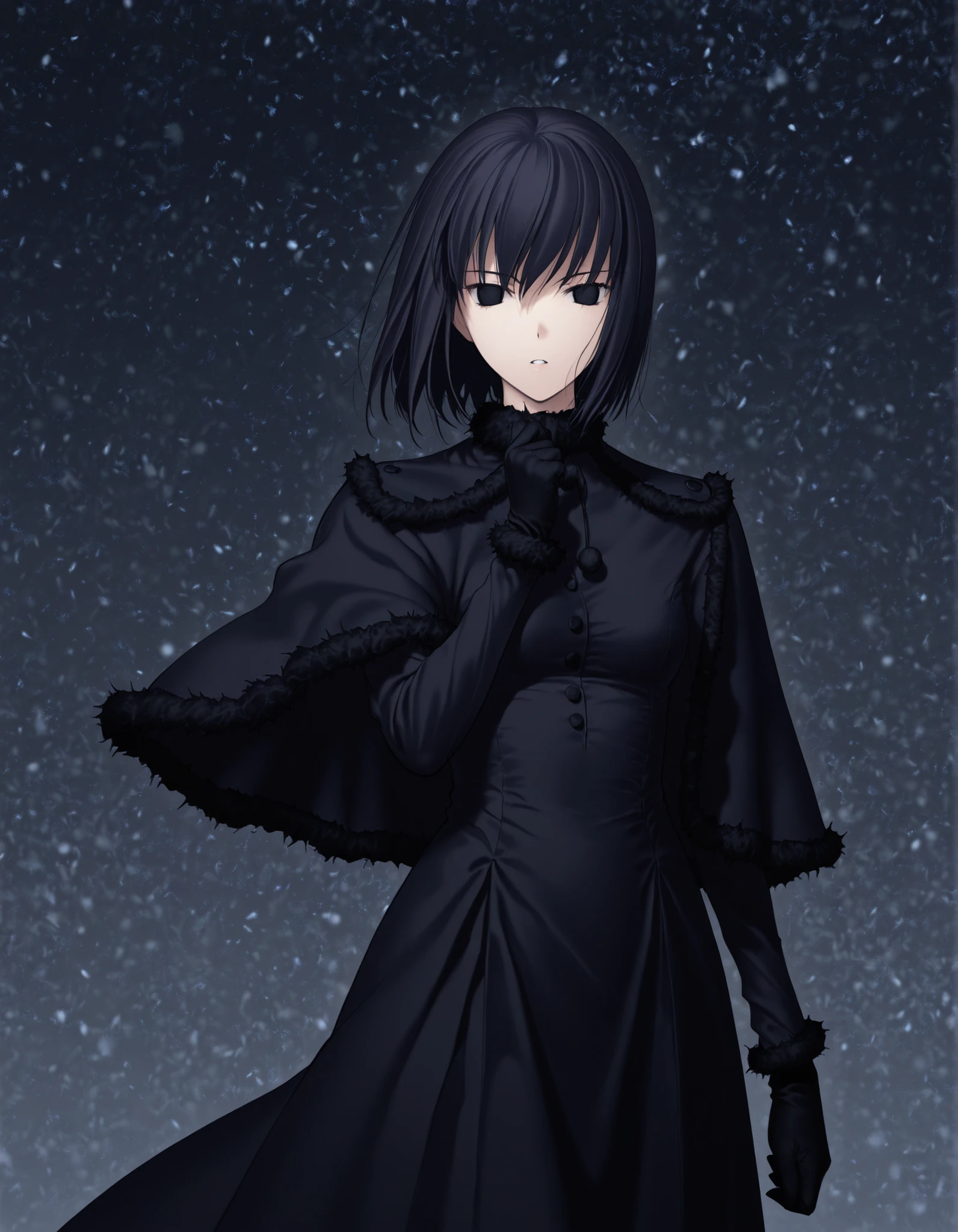 Witch on the Holy Night Style,Kuonji Alice,1girl, solo, gloves, black hair, dress, black eyes,(no pupils), black gloves, capelet, short hair, black dress, standing, fur trim, looking at viewer, black capelet, hand up, parted lips, snowing, (gray background),
<lora:Witch on the Holy Night_illustriousXL:1>, masterpiece, , absurdres, highres, detailed background, high resolution, necessary, detail, best quality, quality, details, High details, Precise, 8k,