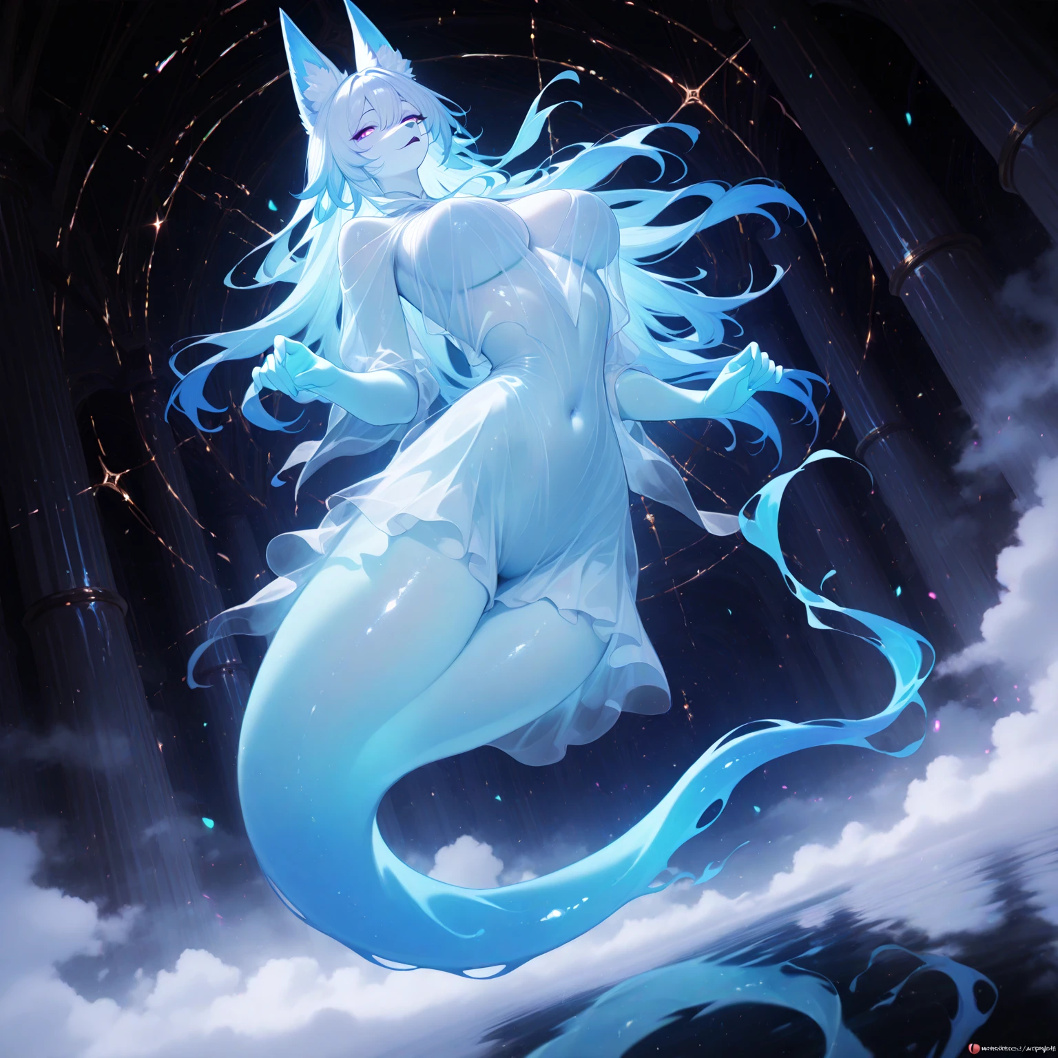 {-erro_de_anatomia:1.0} There is a white unicorn girl, blue mane and long mane, white unicorn, unicorn, unicorn horns, A unicorn, celestia, Nine stories, blue unicorn, soft dreamy, cinematic light《fangs》Unicorn in, mythological creatures, a mythical creature, Pokémon illustration, unicorns, a glaceon princess, white dress, opal eyes. Auroracore, ghostly iridescent, image good for rendering, sitting on the water. unicorn girl, full body, holding a crystal unicorn