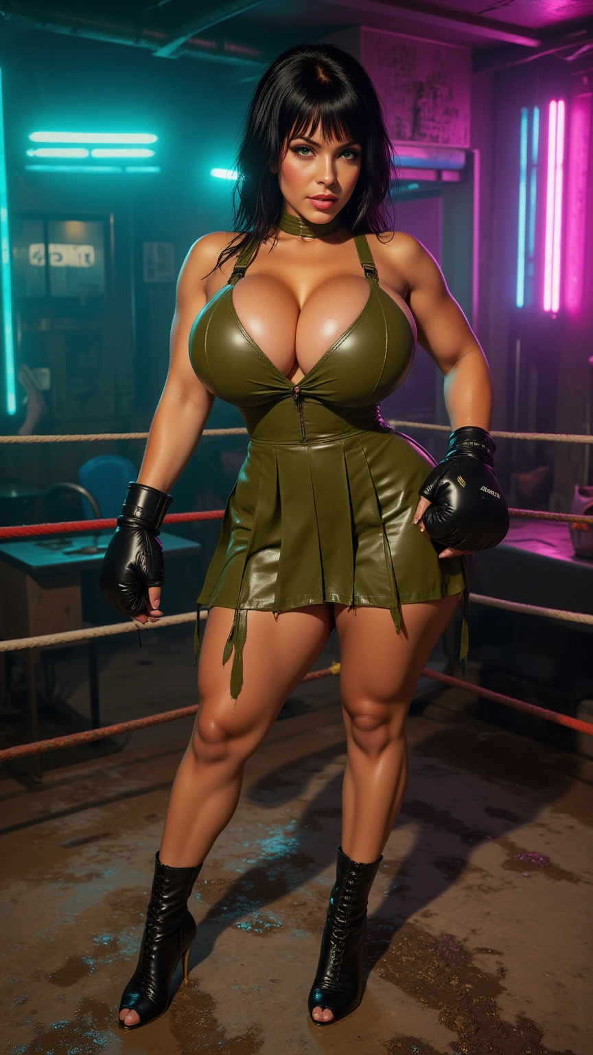 (best quality,highres:1.2), (ultra-detailed), (realistic:1.37), (HDR,UHD), (physically-based rendering), (busty mature Denise Milani), beautiful supermodel face, ((black leather pleated skirt:1.3)), ((black leather bra:1.3)), ((short stiletto-heeled combat boots)), ((short, straight jet-black hair:1.4)), ((firm , deep cleavage, perfectly round )), ((thicc, thick thighs, large calves:1.6)), ((beautiful large green eyes):1.3), (intimidating pose in a boxing ring), (full-body portrait), (vivid colors), (fishnet stockings, thighhigh fishnet stockings:1.3), (hot red lips, makeup:1.3),  fighter, prominent , rock solid , (full body portrait:1.3), big_boltedontits, boltedontits, th3p1t, sakimichan,