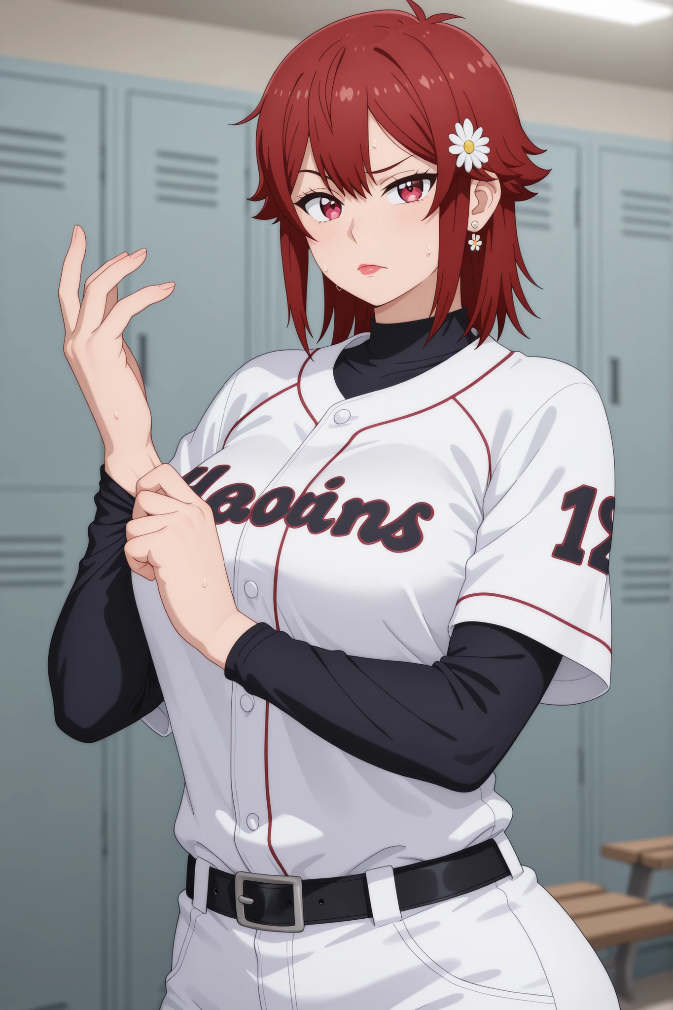 Tomo Aizawa , medium hair, red hair, medium breasts, earrings, pink lips , fire red eyes, muscle body, | Maddie Fenton, brown hair, medium hair, medium saggy breasts , fat body, huge hips, earrings . red lips , violett eyes | masterpiece, best quality, 1girl, solo, hair flower, baseball jersey, baseball uniform, long sleeves, undershirt, white pants, sweat, indoors, locker room, locker, bench, adjusting clothes, adjusting gloves, upper body, belt buckle, shirt tucked in, looking at viewer, serious, frown, raised eyebrow, closed mouth, masterpiece, best quality, amazing quality, 