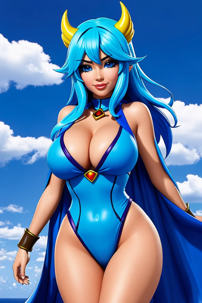 blush, smileglowing aura, natural light, masterpiece,  glossy skin, juicy lips , ????, hot, cleavage, evil,juicy lips, bimbo, ((Clair)), pokemon, hour glass figure, blue hair,  (slendered abs:1.4), wide eyes, blue eyes, (????????????????:1.2), ponytail, dark lighting, long hair, pink bow, (black boots), light blue hair, juicy lips, ((blue leotard)), blackcape, (((smirk)))