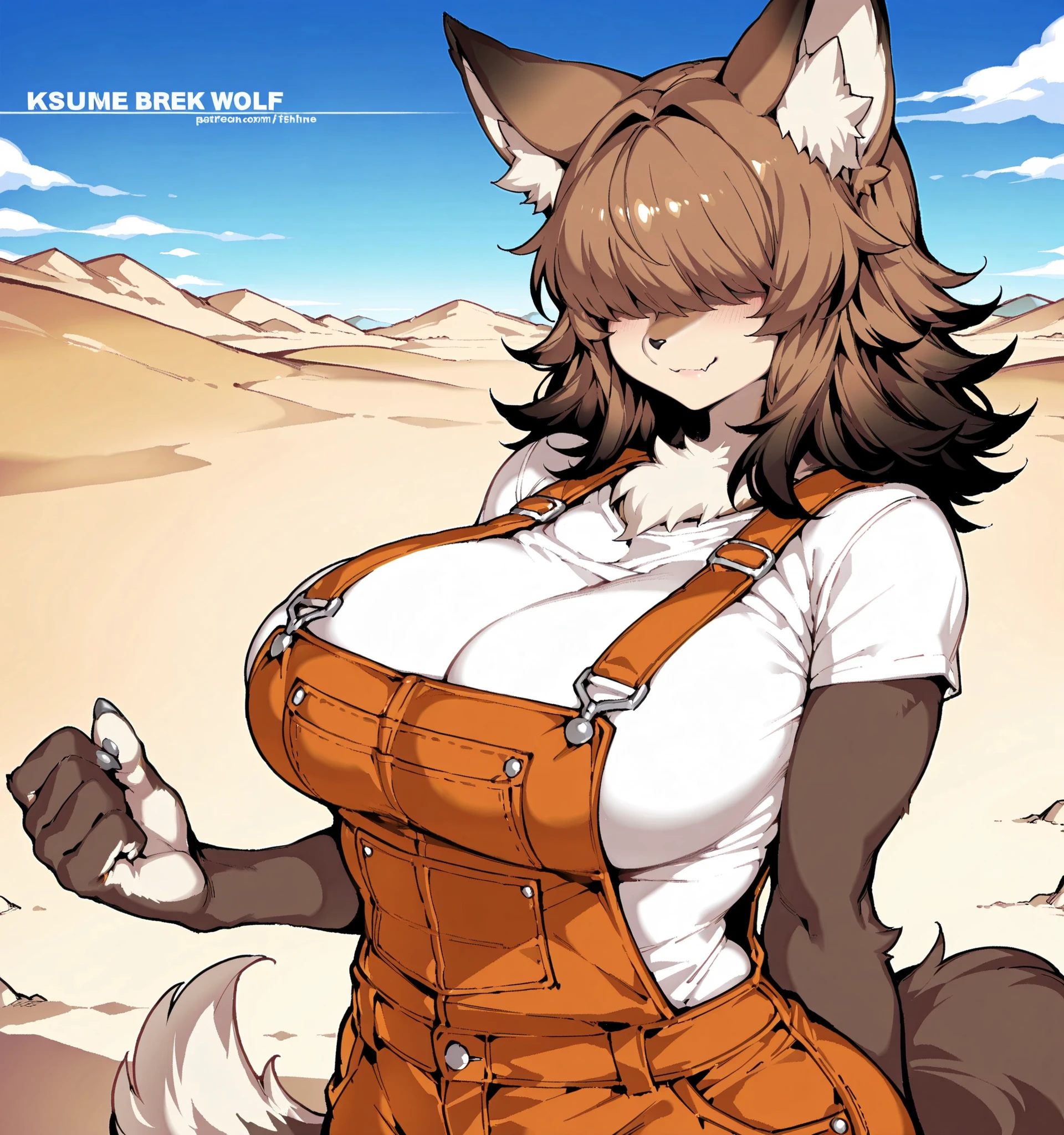 Source_anime, cute female, fishine style, 1girl, Suurin, suurin \(ksyaro\), suurin 2, furry wolf girl BREAK 

Wolf ears and tail, (furry, kemono), brown hair BREAK (hair over eyes) BREAK medium hair, (brown fur skin, body fur), large breasts, white belly, toned body, gray claws, brown tail, brown ears, White fluff BREAK 

White shirt, short sleeves, brown overalls 

Naughty, front view, standing, smile, closed mouth, cute little fang, w_arms, upper body

Nature island, outdoors, desert, blue sky