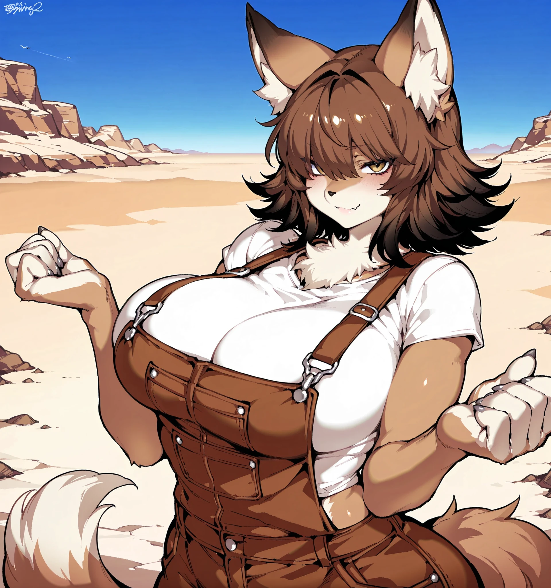Source_anime, cute female, fishine style, 1girl, Suurin, suurin \(ksyaro\), suurin 2, furry wolf girl BREAK 

Wolf ears and tail, (furry, kemono), brown hair BREAK (hair over eyes) BREAK medium hair, (brown fur skin, body fur), large breasts, white belly, toned body, gray claws, brown tail, brown ears, White fluff BREAK 

White shirt, short sleeves, brown overalls 

Naughty face, front view, standing, smile, closed mouth, cute little fang, w_arms, upper body

Nature island, outdoors, desert, blue sky