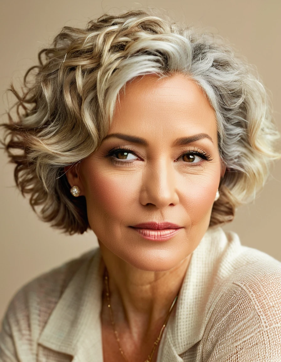 Photo of a mature European woman, 50 years in all, A , pretty face, curly blonde hair, no good, visible , The fold, old, necklace, Neutral Colors, ,size, round breasts, large cutout,  clothing, Sheer Cardigan Sports ,  detailed