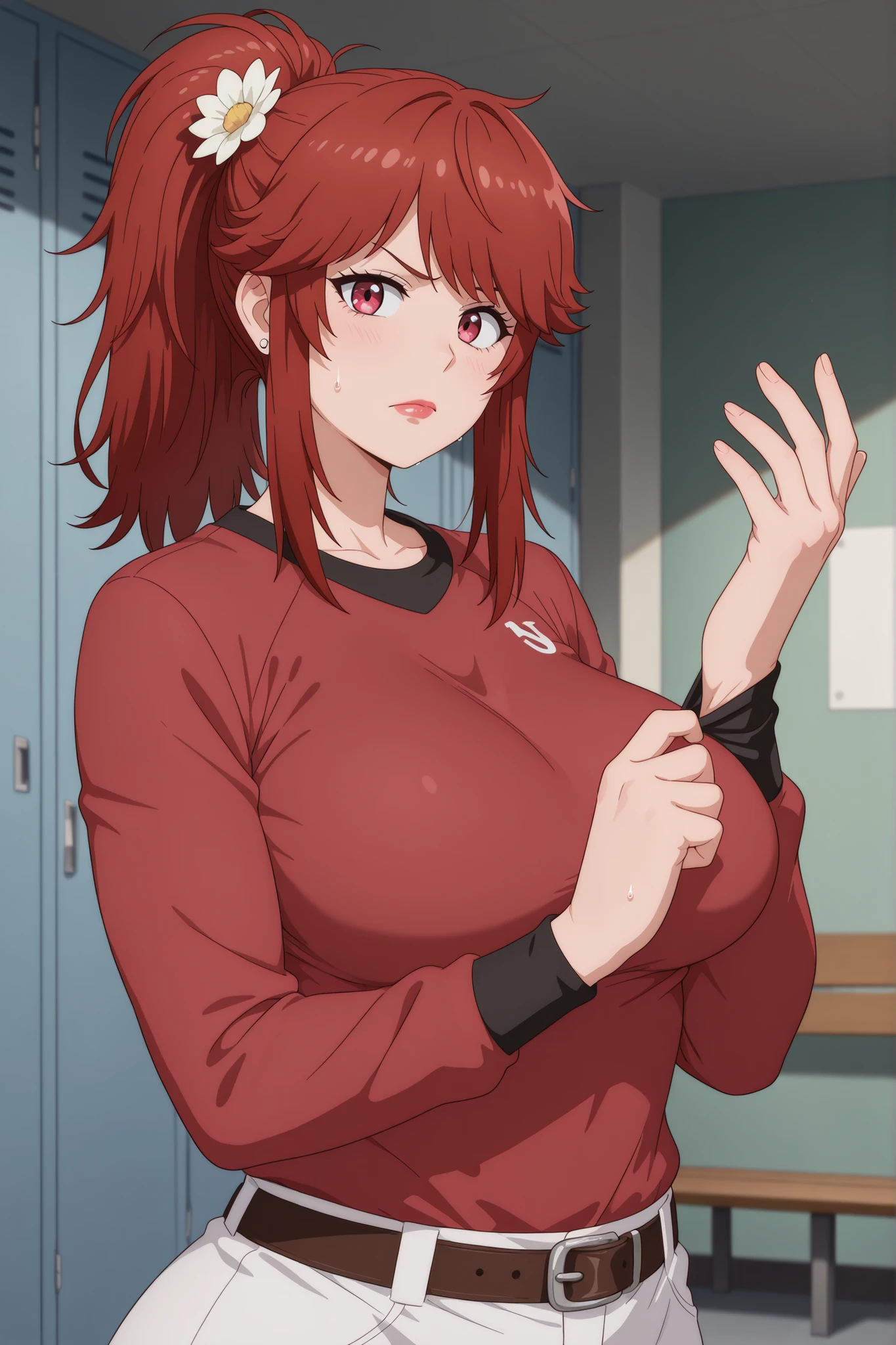  Akemi Aizawa, long hair, ponytail, fringe, red hair, , earrings, pink lips , fire red eyes, muscle body, | Maddie Fenton, brown hair, medium hair, medium saggy  , fat body, huge , earrings . red lips , violett eyes | masterpiece, best quality, 1girl, solo, hair flower, baseball jersey, baseball uniform, long sleeves, undershirt, white pants, sweat, indoors, locker room, locker, bench, adjusting clothes, adjusting gloves, upper body, belt buckle, shirt tucked in, looking at viewer, serious, frown, raised eyebrow, closed mouth, masterpiece, best quality, amazing quality, 

