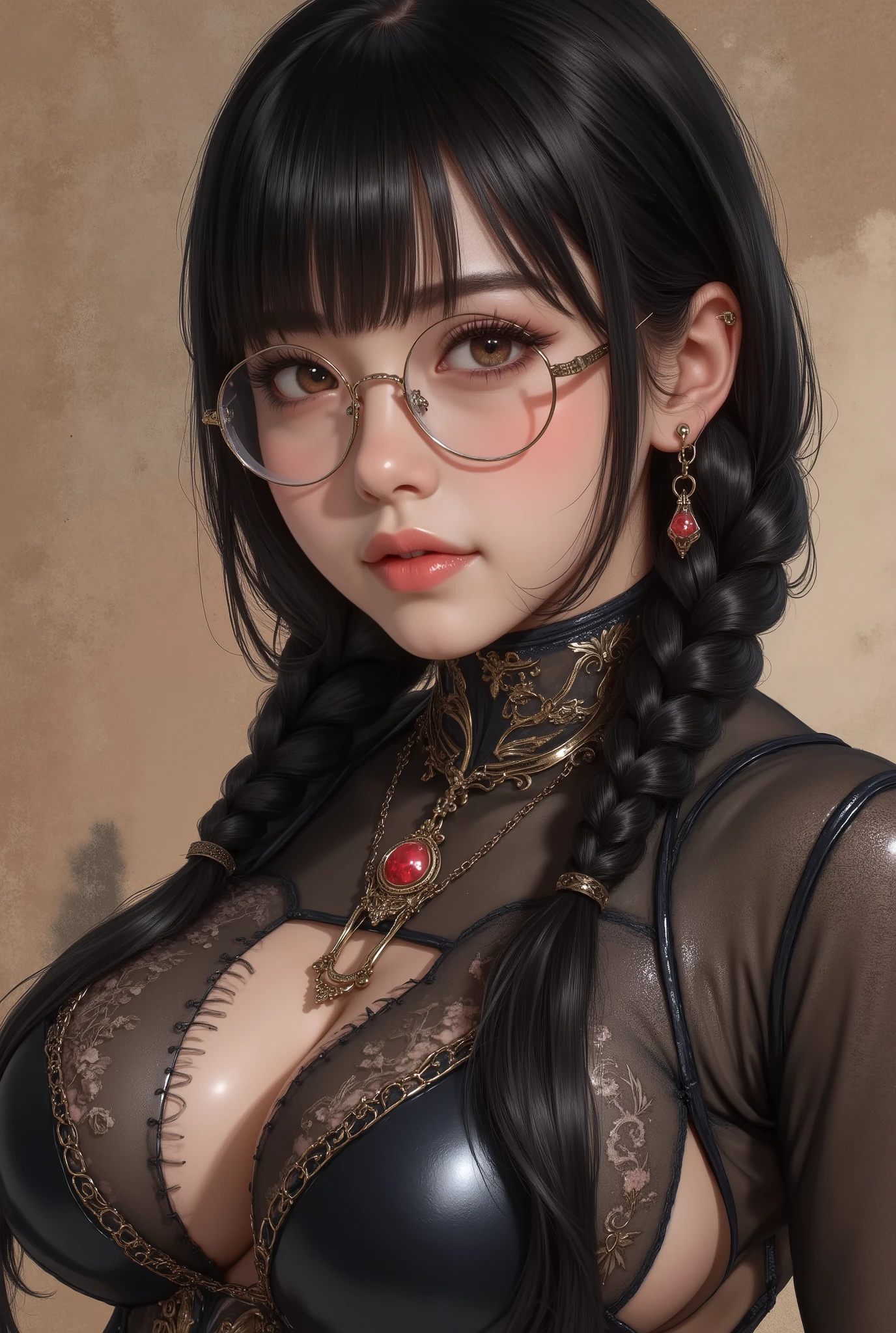 (  Highest Quality, best illustrations,high image quality:1.2), (Horror Fantasy:1.5), (ink and watercolor:1.5),(Ominous Scenery   :1.5),(A lot of dust rises:1.5),(  Dirt Track   :1.5),(wonderful:1.5),(masterpiece:1.5),  (Powerful figures:1.1、Big Breasts:1.3) 、 ((((glasses、 good shot, cute、 red eyes、 Evil Ruby's Cursed Necklace )))),(((glasses、Big Breasts、  braids)))、  cute face,  raise eyebrows , ,(Fatal Beauty,  charming beauty ) ,(Mysterious Charm:1.1),(Big Breasts、attractive silhouette),   high image qualityテクスチャ 、High Quality Shadows、   beautiful and delicate face   、 beautiful, delicate, eyes are sticky liquid dripping  、 ray tracing 、 20th Generation、 cute K-POP girl、( The Face of Korea )、Thin face、( Ulzan-6500-v1.1:0.6)、   Face of Pure Loss   _v1 , ( beautiful and delicate face ,  beautiful and delicate eyes,  perfectly balanced face ,  high image quality skin ,  detailed skin,  lens flares {x} perfect ratio 4 fingers to 1 thumb :1.25)、 DSLRs、   地獄から来たbeautiful悪魔女  ,    ATTRACTIVE GIRL  , Real Girls, Gurwitz,  Gurwitz-style Artwork , Girl Roleplay, Realistic 3d style, cgstation Popular Topics,,  8k portrait rendering BYMR. nomi ,（truth,truth:1.4,glassesの少女  :1.2)、cheek、 glossy lips, 1. オーバーサイズ comment:  comment、 come up with an oversized design that covers shoulder to knee.。 navy blue or black are standard colors .、[ Soft khaki or beige , wait.、 Pick the right color for the season 。 2.    choose the color that suits your skin    : To protect yourself from the cold、    choose the color that suits your skin   、 ニットの質感と色を commentに合わせてください .。 3. ワイドレッグ   pants:    pants,  choose a wide leg design 、combines mobility and style。Dark tone denim or black   pants look great.。 4. knee-high boots: オーバーサイズ commentに含まれるもの、boots are black or dark brown Match the texture and color of the fashionable.、  Gives a stylish impression  。 5. accessories:   The  。  Disney  、   long necklace  、6. handbag: handbag、let's match the color of your outfit.