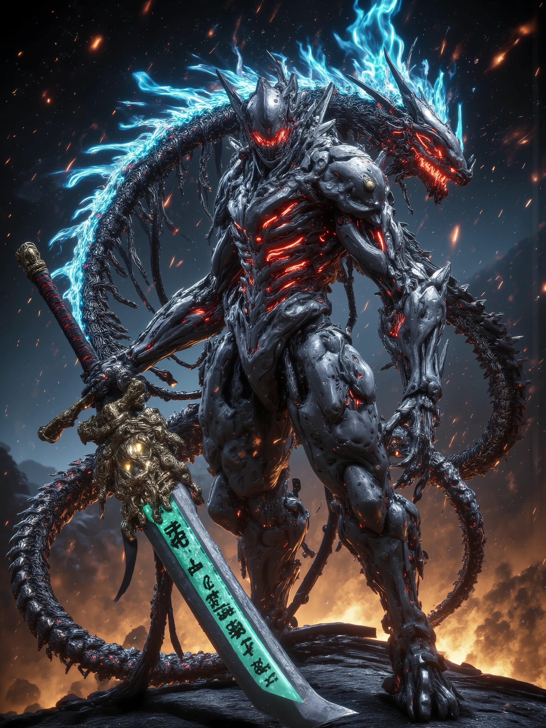 Standing next to a fiery skeleton warrior, Red Fiery Eyes, and re-stitched with mismatched leather and chain-link patches, exudes a faint flame and bright cyan light on his bones. Her shoulder was draped with a huge sword of heavy azure hands, A rune engraved with a dragon on her sword, with a waist-high dragon, a skeleton warrior with a glowing blue flame, emits an extremely colorful glow in the night. She stands on a broken top, overlooking a burning battlefield, Her posture is firm