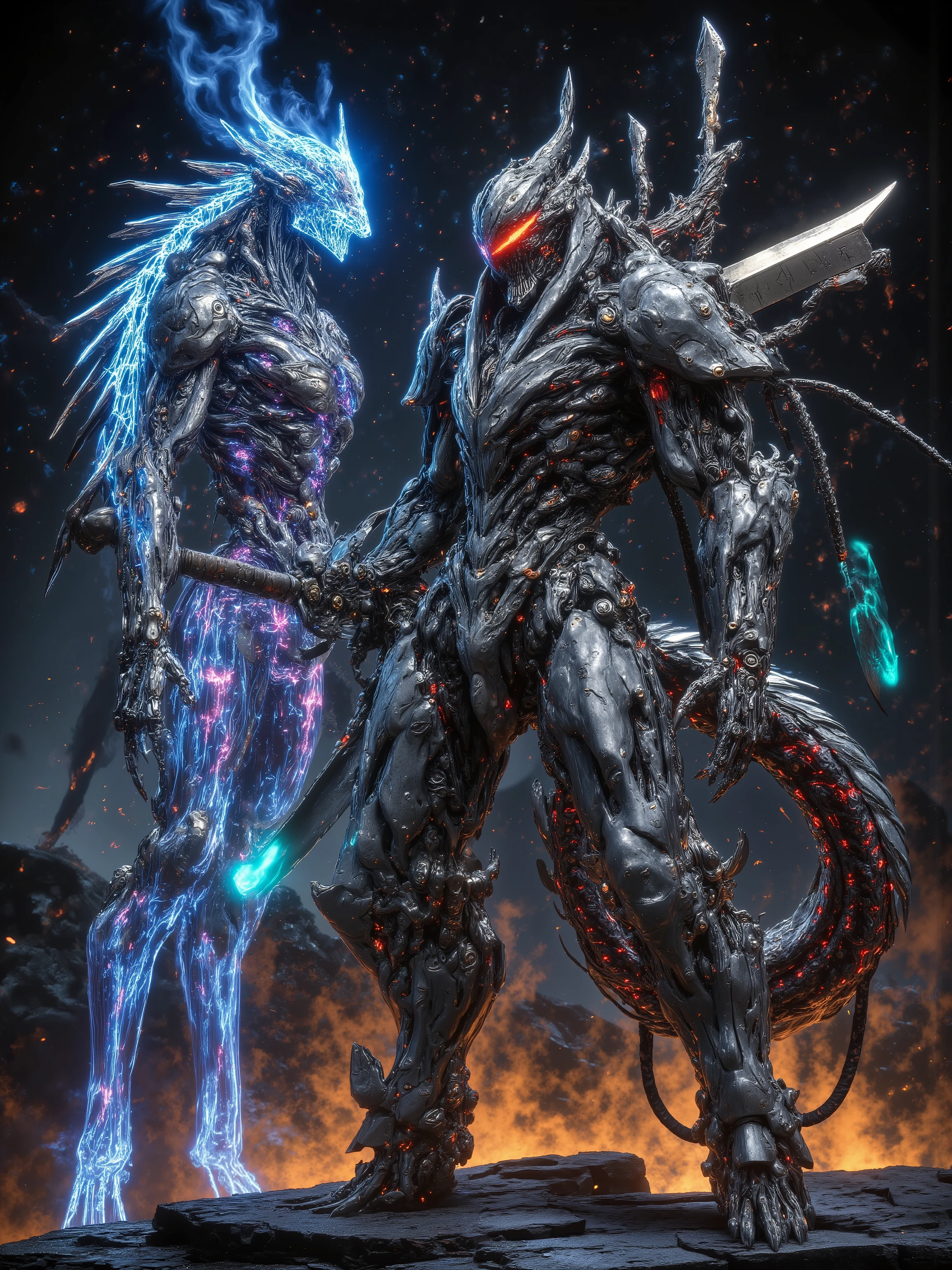 Standing next to a fiery skeleton warrior, Red Fiery Eyes, and re-stitched with mismatched leather and chain-link patches, exudes a faint flame and bright cyan light on his bones. Her shoulder was draped with a huge sword of heavy azure hands, A rune engraved with a dragon on her sword, with a waist-high dragon, a skeleton warrior with a glowing blue flame, emits an extremely colorful glow in the night. She stands on a broken top, overlooking a burning battlefield, Her posture is firm