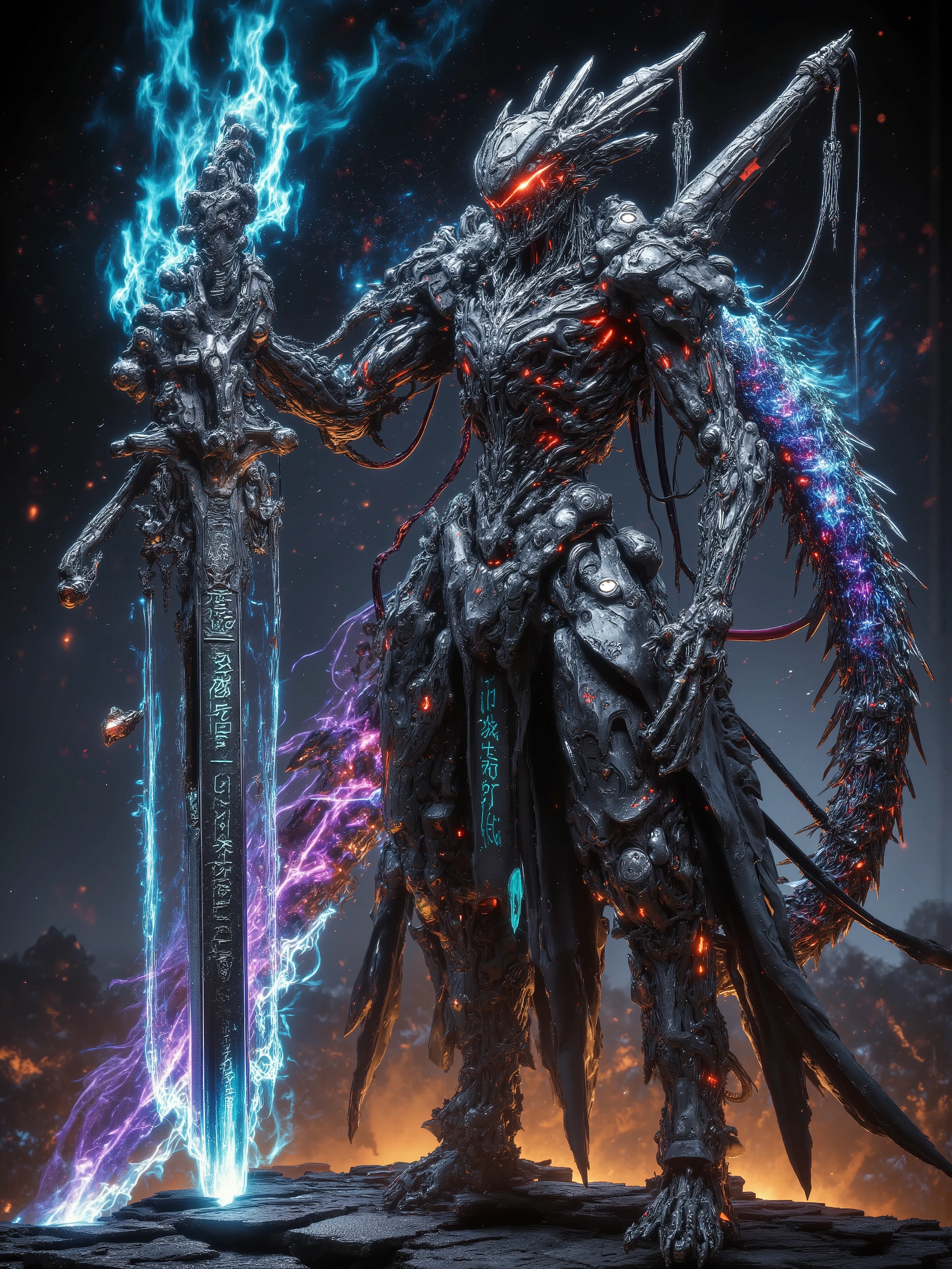 Standing next to a fiery skeleton warrior, Red Fiery Eyes, and re-stitched with mismatched leather and chain-link patches, exudes a faint flame and bright cyan light on his bones. Her shoulder was draped with a huge sword of heavy azure hands, A rune engraved with a dragon on her sword, with a waist-high dragon, a skeleton warrior with a glowing blue flame, emits an extremely colorful glow in the night. She stands on a broken top, overlooking a burning battlefield, Her posture is firm