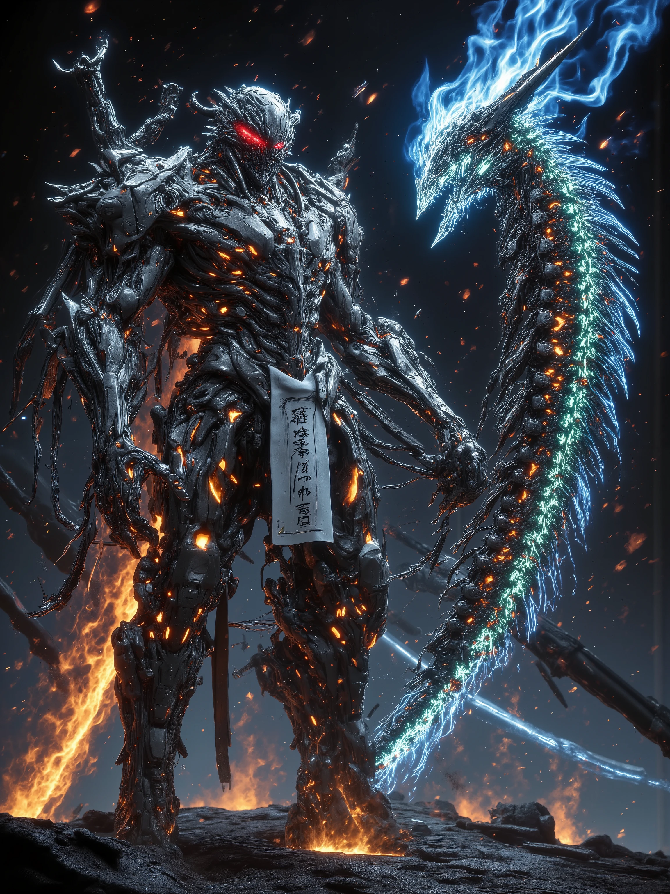 Standing next to a fiery skeleton warrior, Red Fiery Eyes, and re-stitched with mismatched leather and chain-link patches, exudes a faint flame and bright cyan light on his bones. Her shoulder was draped with a huge sword of heavy azure hands, A rune engraved with a dragon on her sword, with a waist-high dragon, a skeleton warrior with a glowing blue flame, emits an extremely colorful glow in the night. She stands on a broken top, overlooking a burning battlefield, Her posture is firm