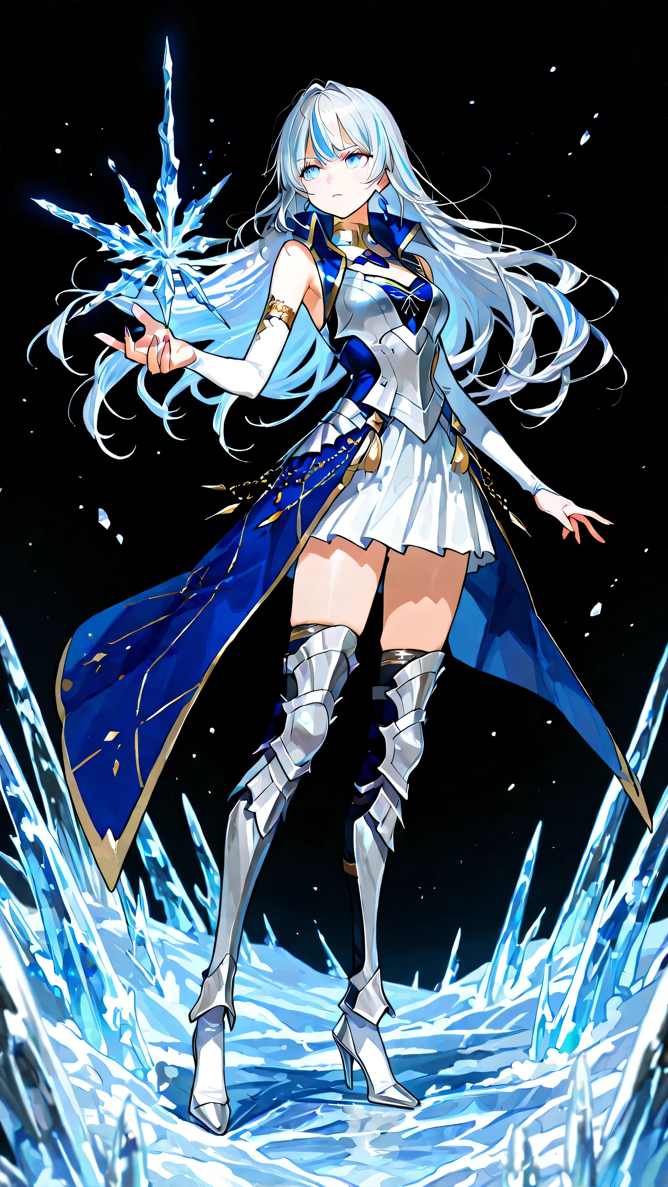 black background, 1girl, solo, masterpiece, female knight theme, beautiful woman with long silver hair, blue-streaked white hair, blue eyes and silky hair, hair down, white chest plate, wearing white knightly attire, long blue coatail, white skirt, decorated with golden details on her outfit, sleeveless coat (clothing cutout), sleeveless and bodyless (clothing cutout), she also wears white bridal handsock that wraps tight onto her entire arms, black stockings underneath shin guards, armored high heels, standing, highly detailed, anime illustration, add golden intricate details on her overall outfit, action pose, ice, icicles, shirt collar