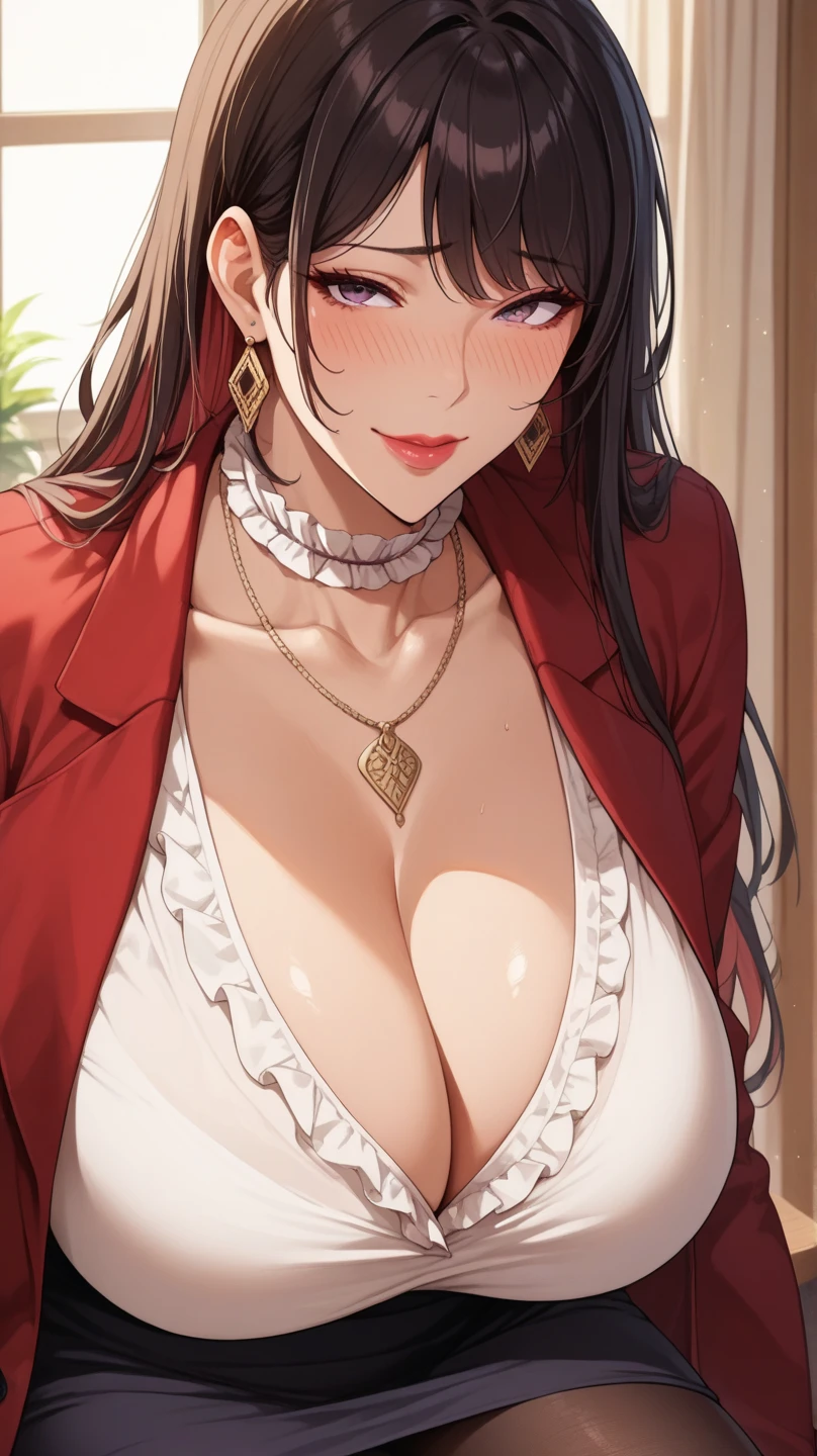 masterpiece，stunning reality，Realistic，Clarity，Sexy，full，beauty，Married woman，Huge breasts，cleavage，，Dim Lights，Red bed，Red sheer lace，Red sheer lace，Lipstick，Smile，earrings，Short brown hair，curls，Green eyes，，Sweat，side braid