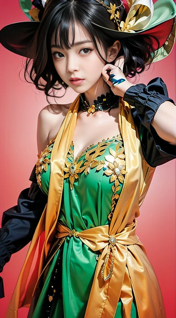 emerald tiara, Green Pearl Necklace, Boyish very short green hair, Green Lips, Smiling Japanese woman, Very short hair, Busty beautiful lady, Green Eyes, Green satin long gloves, Green Eyes, Emerald Earrings, Green veil, V sign, Green Hair, Beautiful Japanese Women, green lip gloss