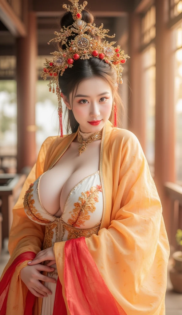 score_9, score_8_up, score_7_up,
 fantasy, ancient chinese themes, see-though,masterpiece, best quality, highres, (depth of field:1.5), 1girl, solo, Tsubaki, oval face, makeup, huge breasts,erect nipples,covered nipples,cleavage,lipstick, mole under mouth, undress, strip dress pose, blush,