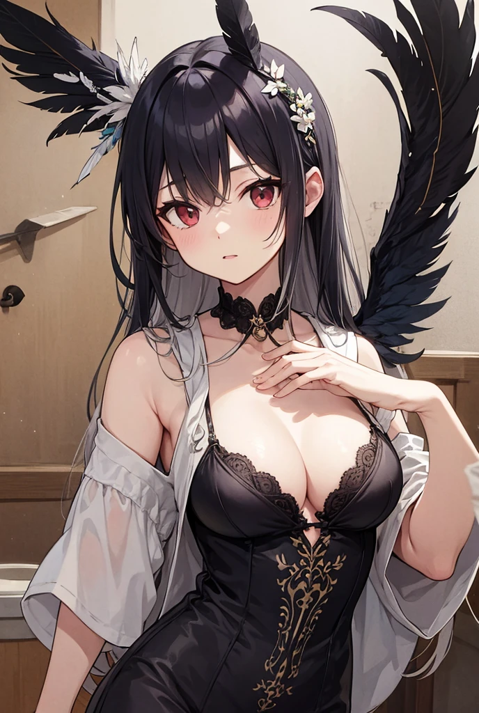 best quality, masterpiece, highres, solo, (hasumi_bluearchive:1.10), 1girl, black panties, black bra, black thighhighs, blush, looking at viewer, bare shoulders, cleavage, red halo, simple background, thighs, underwear only, white background, black choker, lingerie, navel, stomach, black garter belt, closed mouth, collarbone, parted lips, sitting, sweat, 4 <lora:hasumi_bluearchive:0.80>