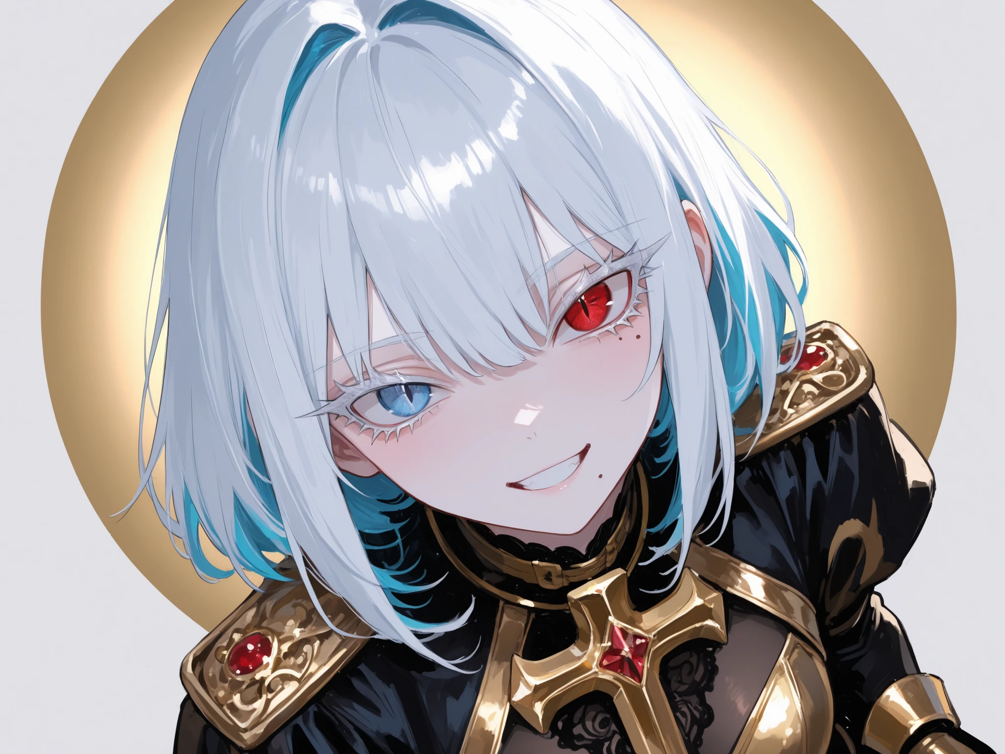 Highest Quality, ultra high definition, masterpiece 【Protagonist】、((solo, anime))、((womanhood)), laugh happily, long white hair, Turquoise Blue Hair、 ((Heterochromia, my left and right eyes are different colors、Red Eyes, blue eyes)), ((My eyelashes are white, white eyelashes)), ((tsurime)), ((slant eyes)), Slit Pupils, with fair skin, Mole, viewers, 頭からshoesまで入れる、fisheye lens、
(detailed face, Detailed Eyes, detailed hair), background gothic、shoes,Gold Noble Suit, Gold and black noble clothes , golden light on background, soft diffused light on a light gray background,fresh and neutral beauty、Wear gold and black clothes、Black and gold boots、golden accessories on the shoulder、