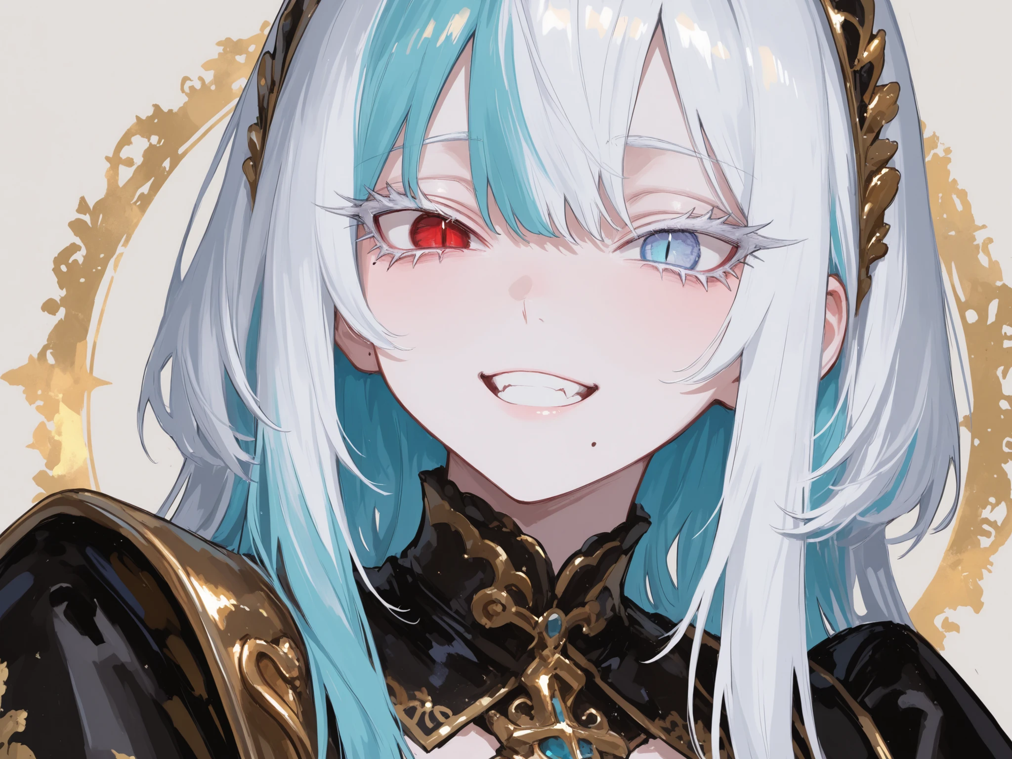 Highest Quality, ultra high definition, masterpiece 【Protagonist】、((solo, anime))、((womanhood)), laugh happily, long white hair, Turquoise Blue Hair、 ((Heterochromia, my left and right eyes are different colors、Red Eyes, blue eyes)), ((My eyelashes are white, white eyelashes)), ((tsurime)), ((slant eyes)), Slit Pupils, with fair skin, Mole, viewers, 頭からshoesまで入れる、Night view in the background、distant shot, character as part of lands、
(detailed face, Detailed Eyes, detailed hair), background gothic、shoes,Gold Noble Suit, Gold and black noble clothes , golden light on background, soft diffused light on a light gray background,fresh and neutral beauty、Wear gold and black clothes、Black and gold boots、golden accessories on the shoulder、