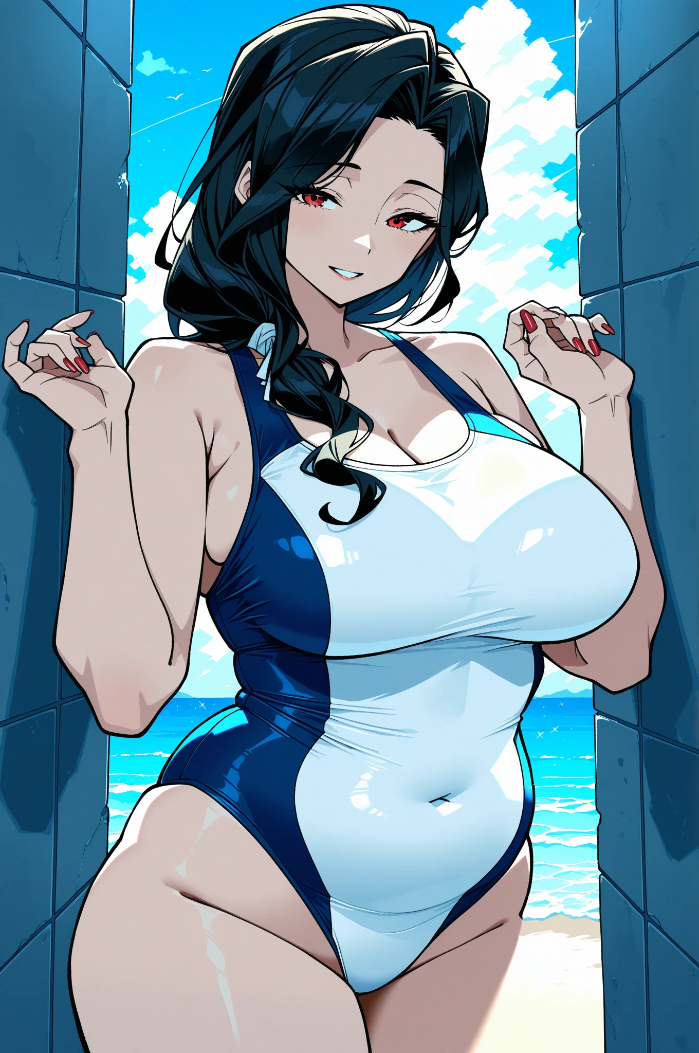 Top quality, masterpiece, from_below, look_at_viewer, look_down, masterpiece, highly detailed 8k CG unit, movie lighting, Miao Qingqing, 1 girl, swimsuit, solo, slot machine, ?????, sun, sky, cleavage, clouds, single blade, dark blue hair, casual one-piece swimsuit, white one-piece swimsuit, big, hair over the shoulder, cowboy shot, from below, from the front, looking at the viewer, Chamale, jumping, dynamic poses, turning to the viewer, ????????????, huge ????????, curvaceous, thick thighs, hair ?????????, blush, sweat drops, standing, hands covering the ?????, beach, sea, sunlight,
