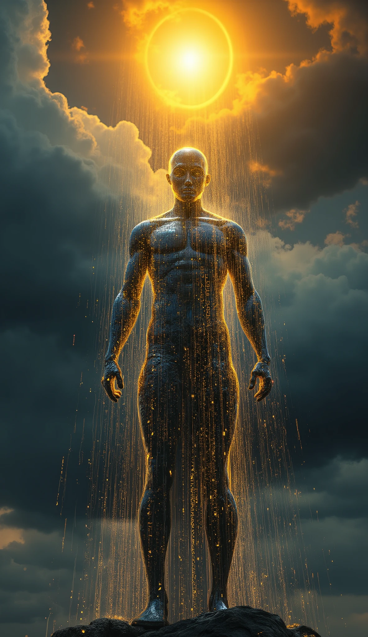 A hyperrealistic 3D portrait of a futuristic humanoid figure made of digital codes and glowing circuits, standing under a dramatic sky. Streams of binary light flow across its body like constellations. A radiant golden sun glows above its head, piercing through dark storm clouds filled with thunder and lightning. The atmosphere is mystical and cinematic, mixing divine light and technological aura. Subtle reflections on metallic skin, depth of field, volumetric light, 16:9, ultra-detailed, cinematic realism.