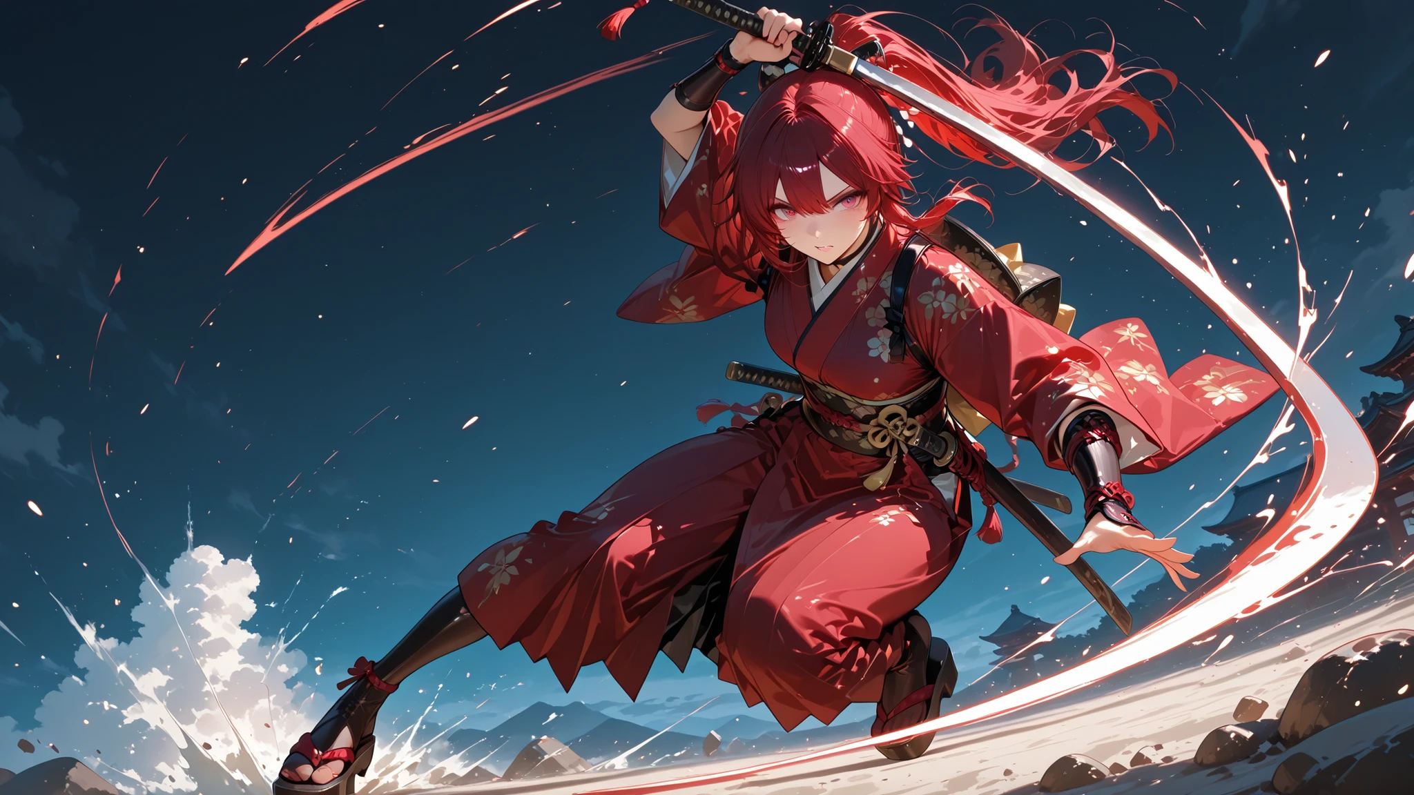 Samurai girl, action, fullbody, red maroon kimono