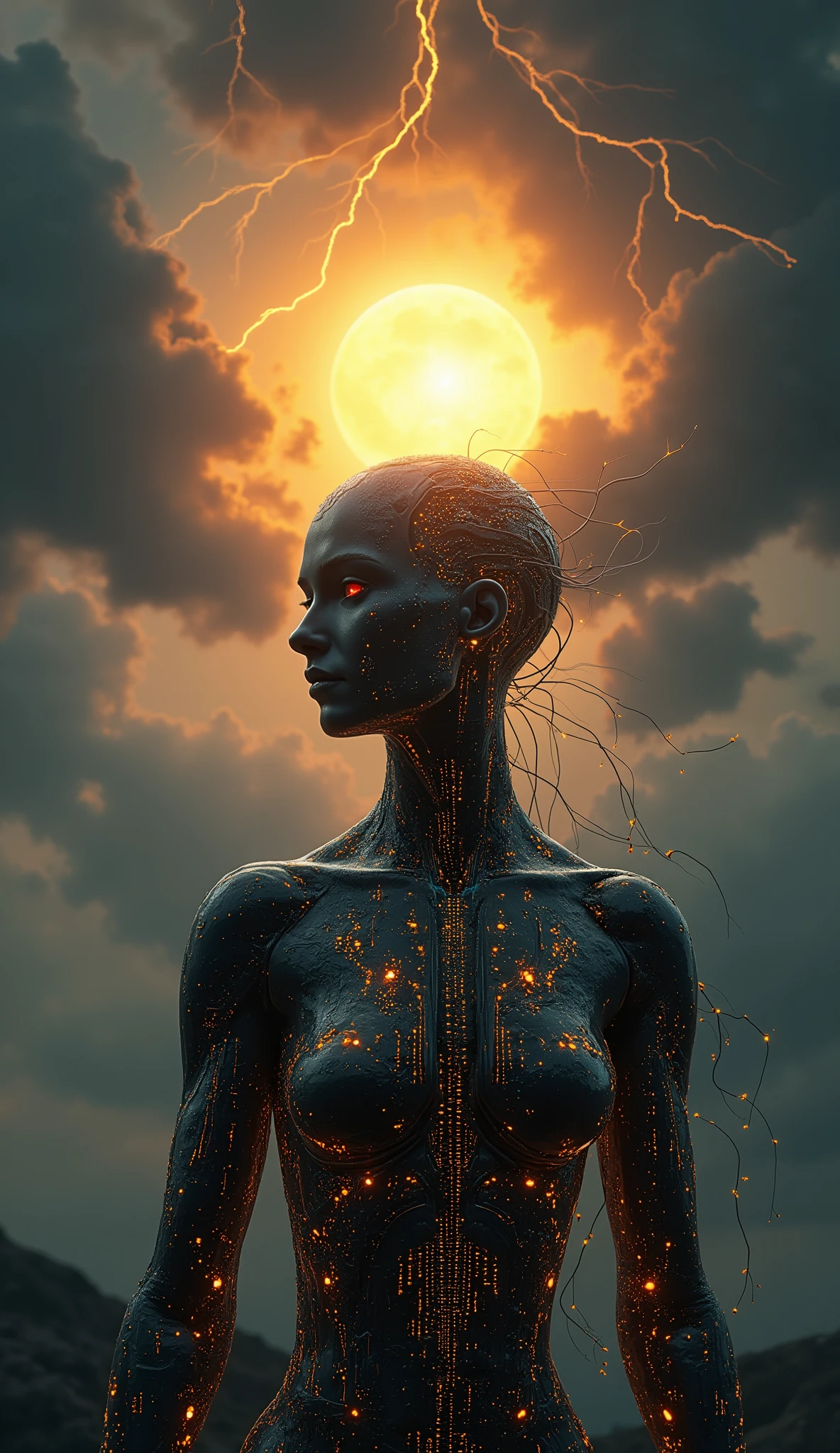 a hyperrealistic 3D Close-up on full-body portrait of a futuristic humanoid figure made of digital codes and glowing circuits, standing under a dramatic sky. Streams of binary light flow across its body like constellations. A radiant golden sun glows above its head, piercing through dark storm clouds filled with thunder and lightning. The atmosphere is mystical and cinematic, mixing divine light and technological aura. Subtle reflections on metallic skin, depth of field, volumetric light, ultra-detailed, cinematic realism.