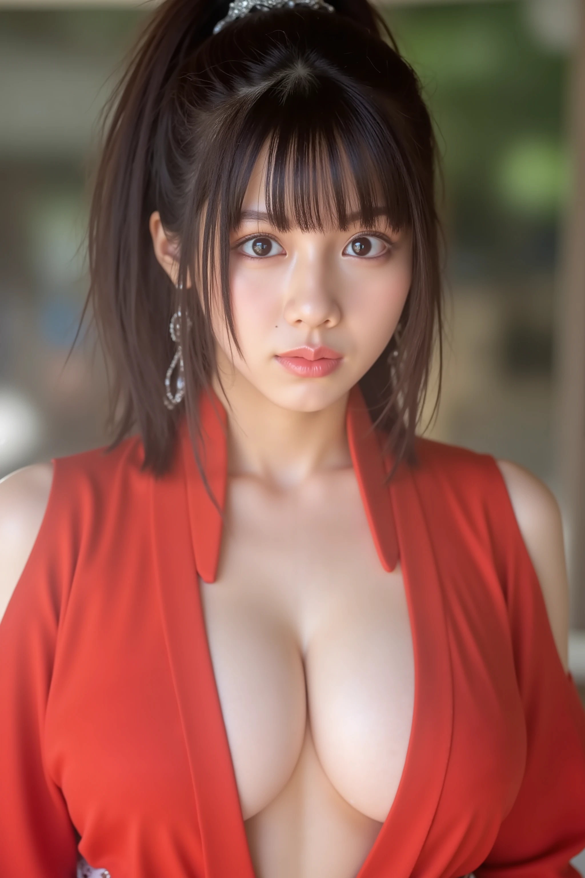 Mai Shiranui, miko,
This photo captures a beautiful Japanese woman.
close up, skinny, big cleavage.
The image is very high resolution, with clear skin texture.
The focus is very sharp and focused on her face.
This is an ultra-high resolution image.
She is facing forward.
Natural makeup that looks like no makeup.
She has shiny black hair.
Her skin is beautiful, fair, fine-grained, and even.
red clothes,