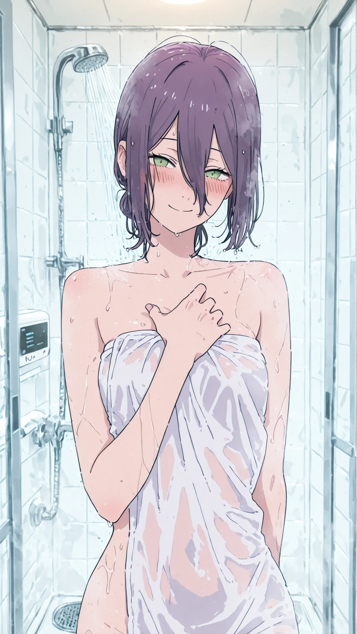 super high resolution on a pile,1girl,reze,A bewitching woman bathing in the bathroom,naughty face,Smile,Blush,fascinated expression,wet hair,Shining Shoulders,Blush,Figure hiding her body with a bath towel,shower room,mysterious sight,  A fantastical atmosphere that seems to be on the border between reality and fantasy,Mysterious Beauty,Extreme High Angle,is embarrassing